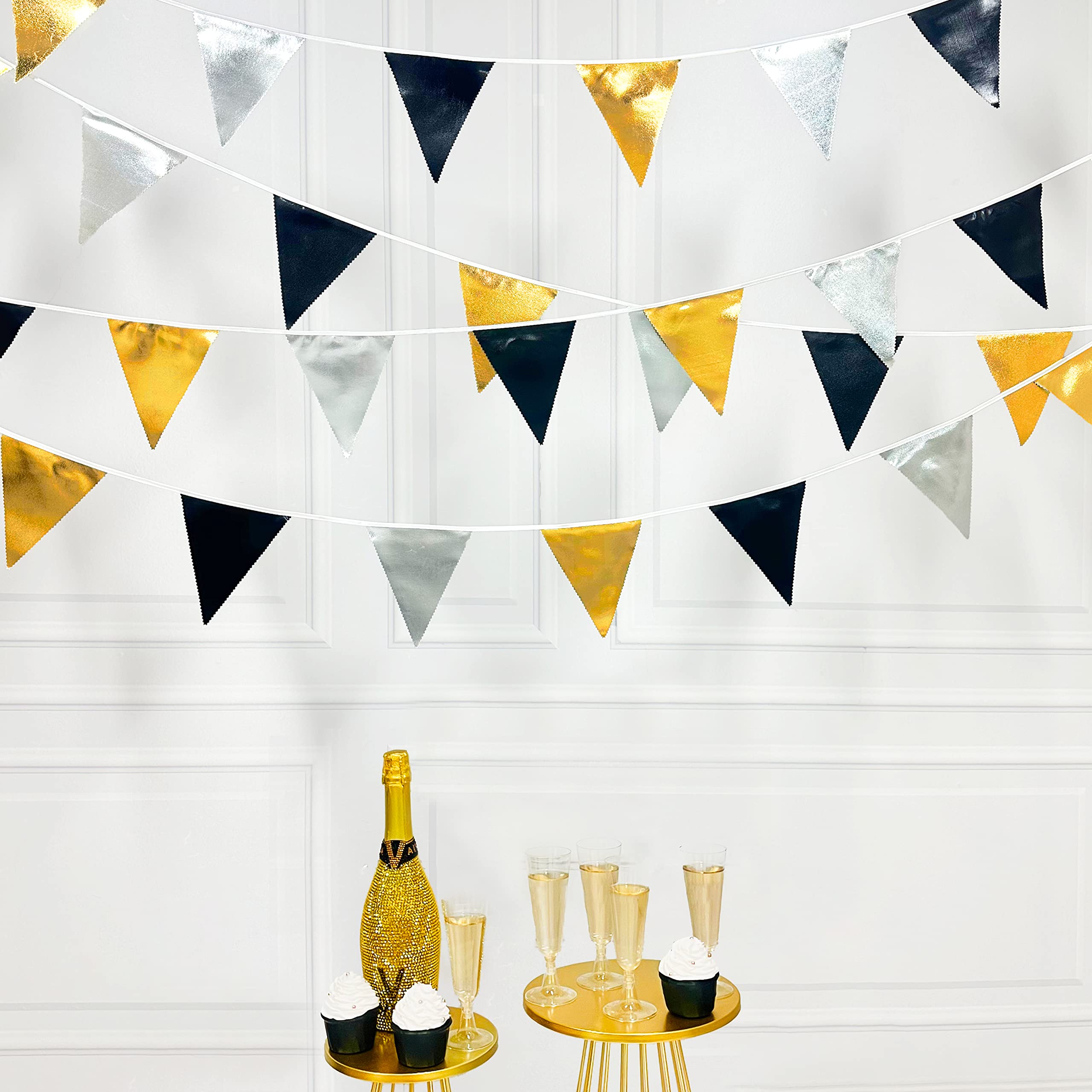 Black Gold Silver Party Decoration Triangle Pennant Banner Flag Metallic Fabric Bunting Garland For Birthday Graduation Annivers