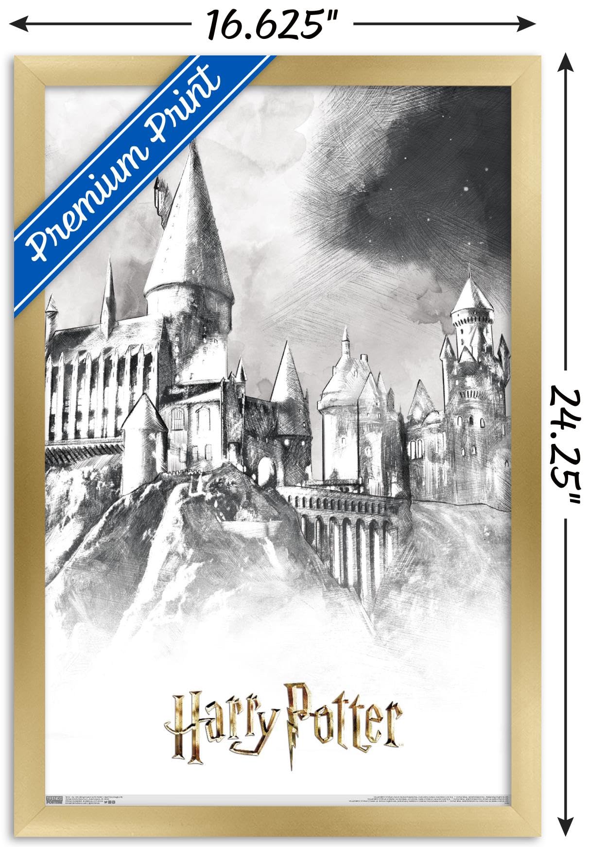 Trends International The Wizarding World: Harry Potter - Illustrated Hogwarts Wall Poster, 14.725'' X 22.375'', Gold Framed Vers