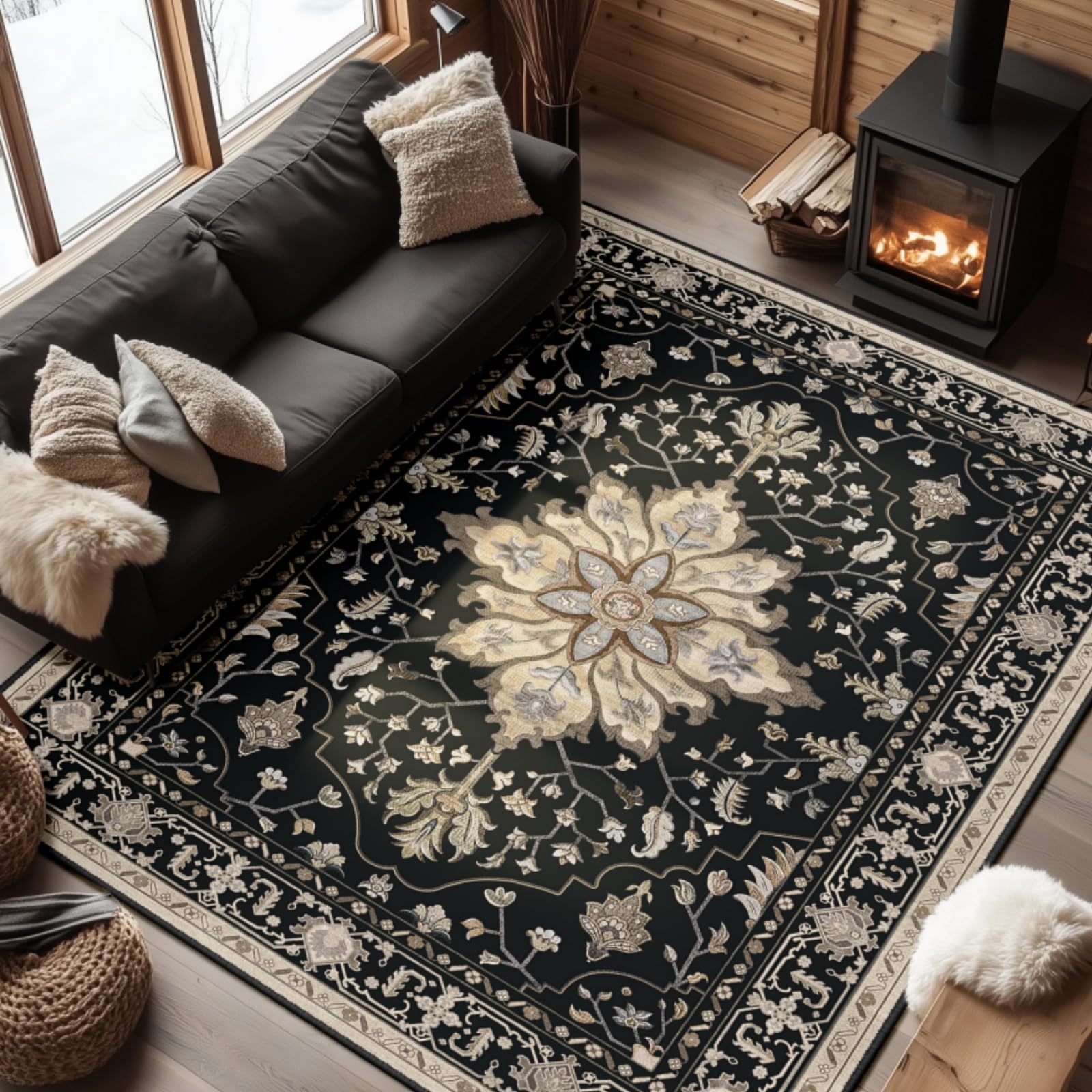 RELEANY Area Rugs 6x9 Washable Non-Slip, Floral Vintage Distress Print Pattern Medallion Carpet for Living Room Bedroom Dining