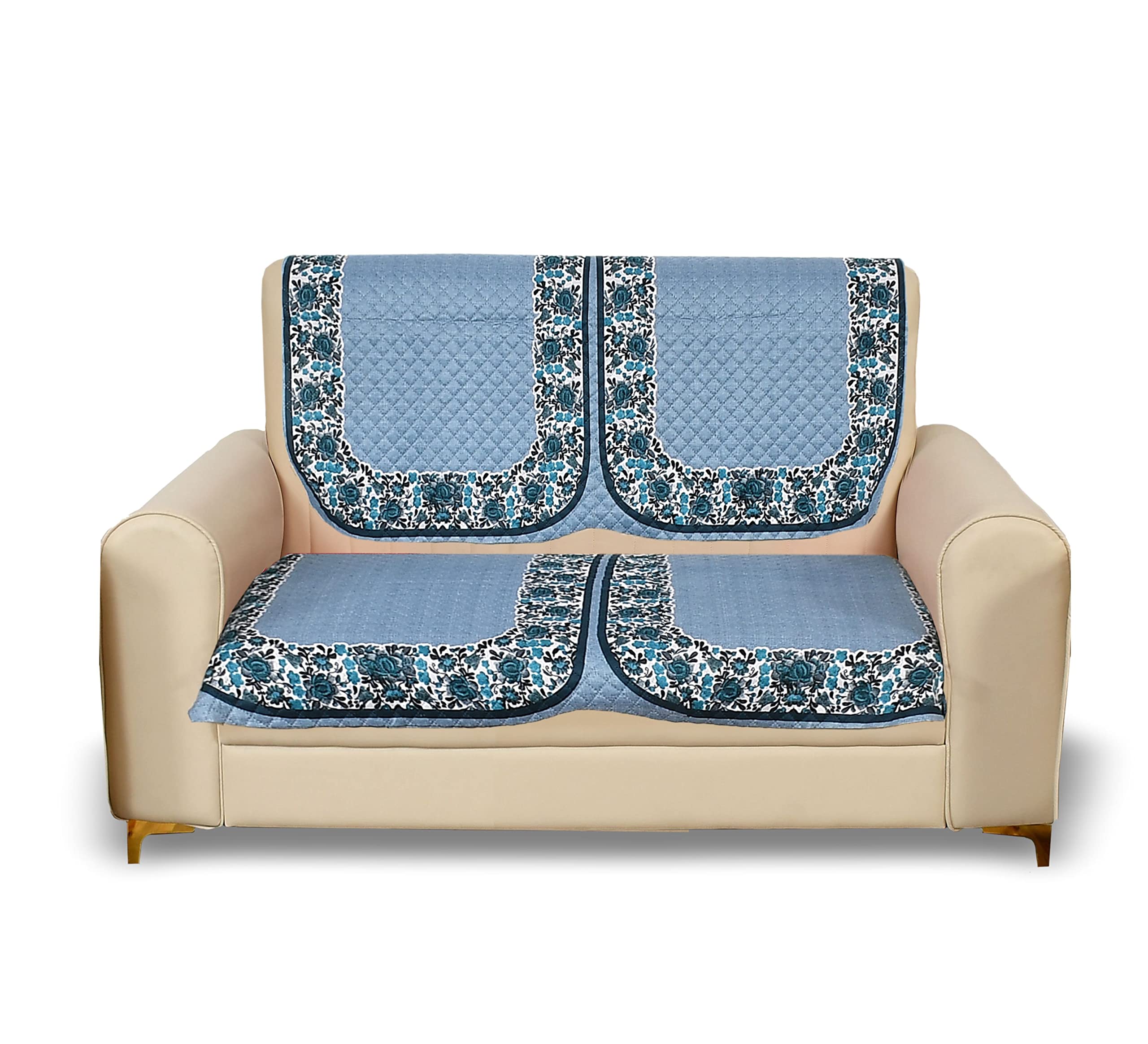 Yellow Weaves 2 Seater Quilted Sofa Chair Cover, Floral Design, Seat & Back Cover, Color - Sky Blue