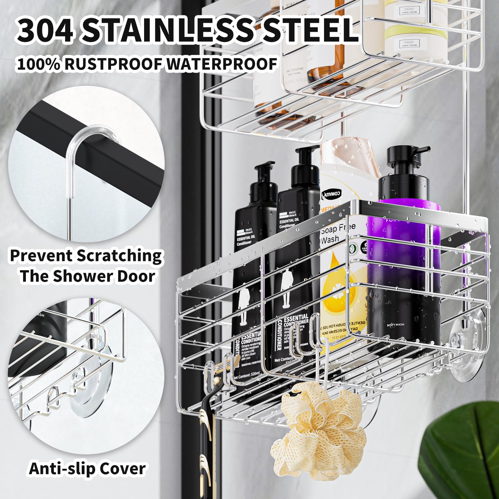 Shanshui Shower Hanging Caddy, Double Bathroom Shower Organizer Basket, Shampoo Bracket, Over Door Shower Rack With Hooks, 304 S