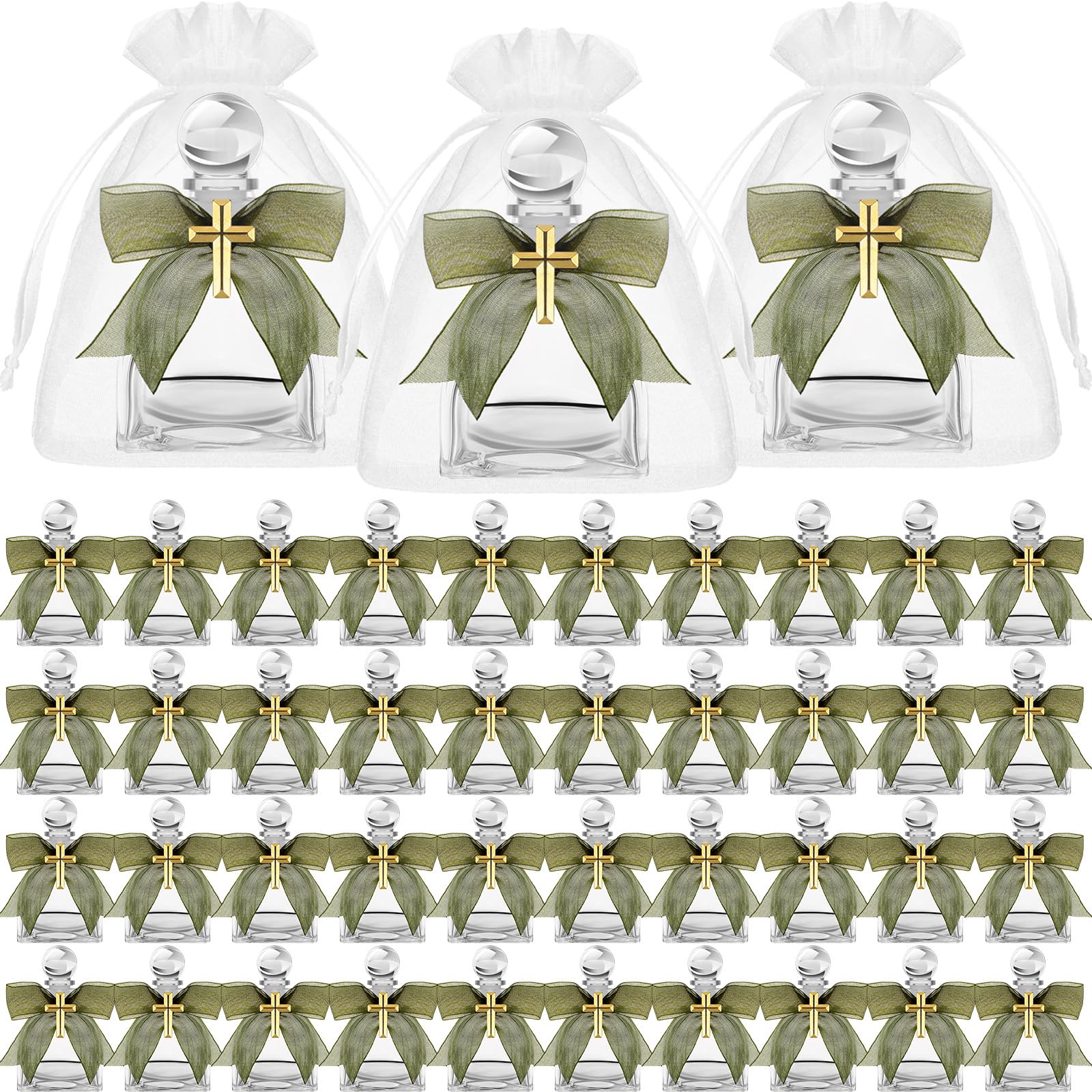 Chuangdi 48 Set Holy Water Bottles Catholic Clear Holy Water Container 50ml Christian Glass Bottle with Cross Lapel Pin and Lace