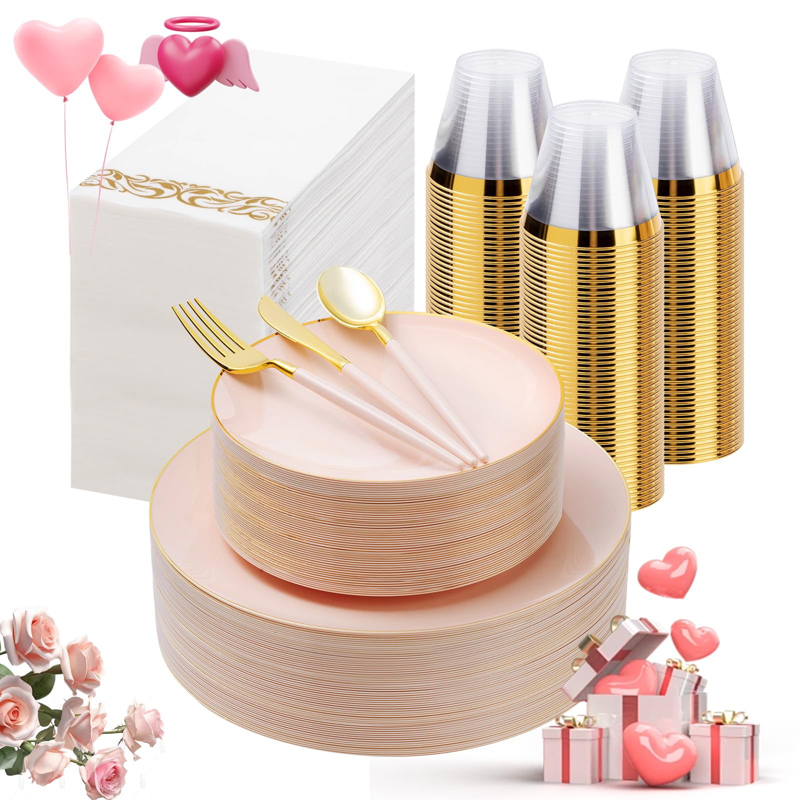 350 Pieces Pink Gold Plastic Dinnerware Set, Pink And Gold Disposable Plates For Party, Valentine'S Day, Include 100 Pink Plates