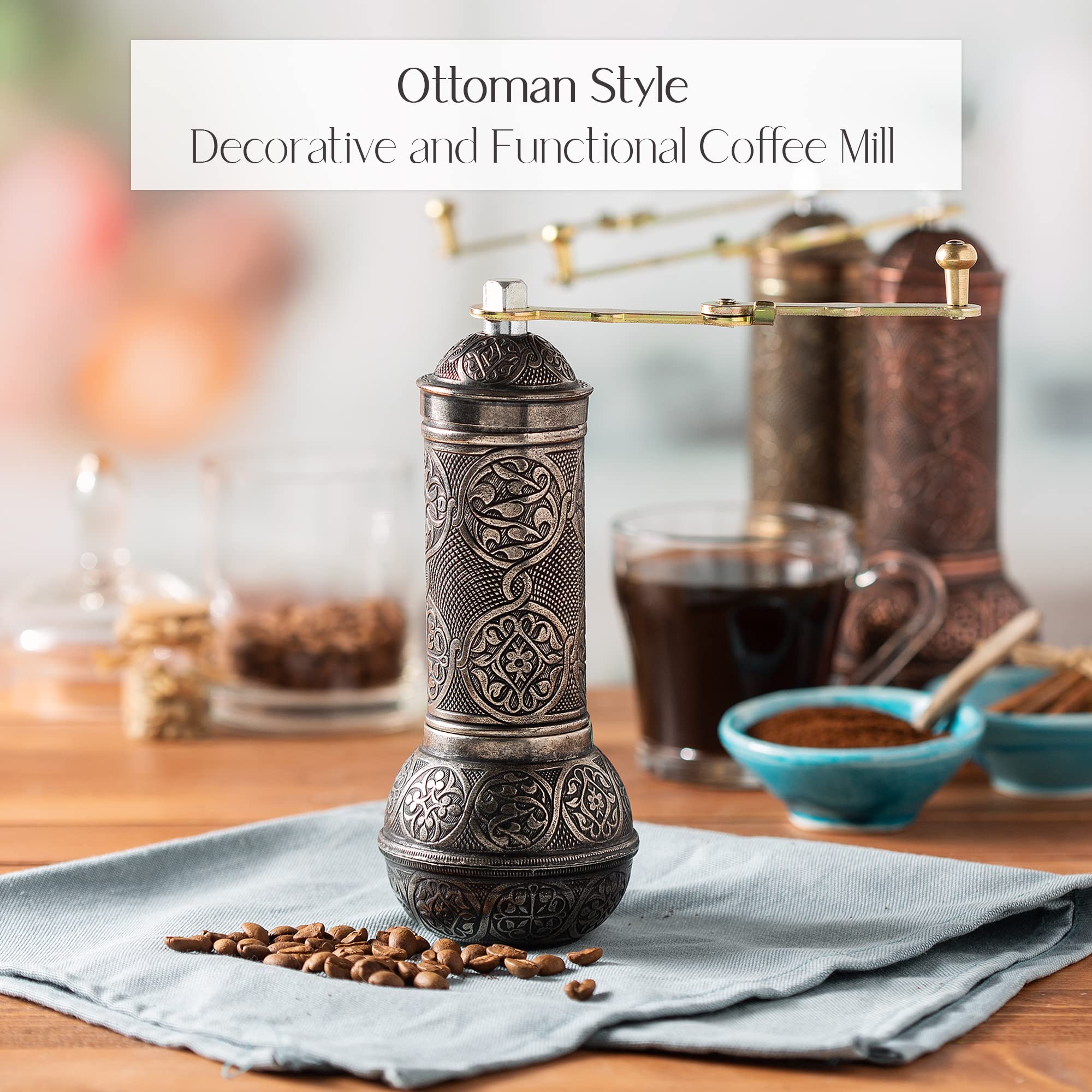 Crystalia Refillable Coffee Grinder, Authentic Manual Mill With Adjustable Grinder, Metal Coffee Mill With Handle, Antique Coffe