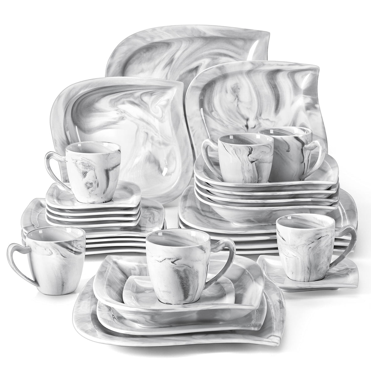 MALACASA Dinnerware Sets for 6, 30 Piece Porcelain Plates and Bowls Sets, Marble Dish Set with Plates and Bowls, Cup and Saucer,
