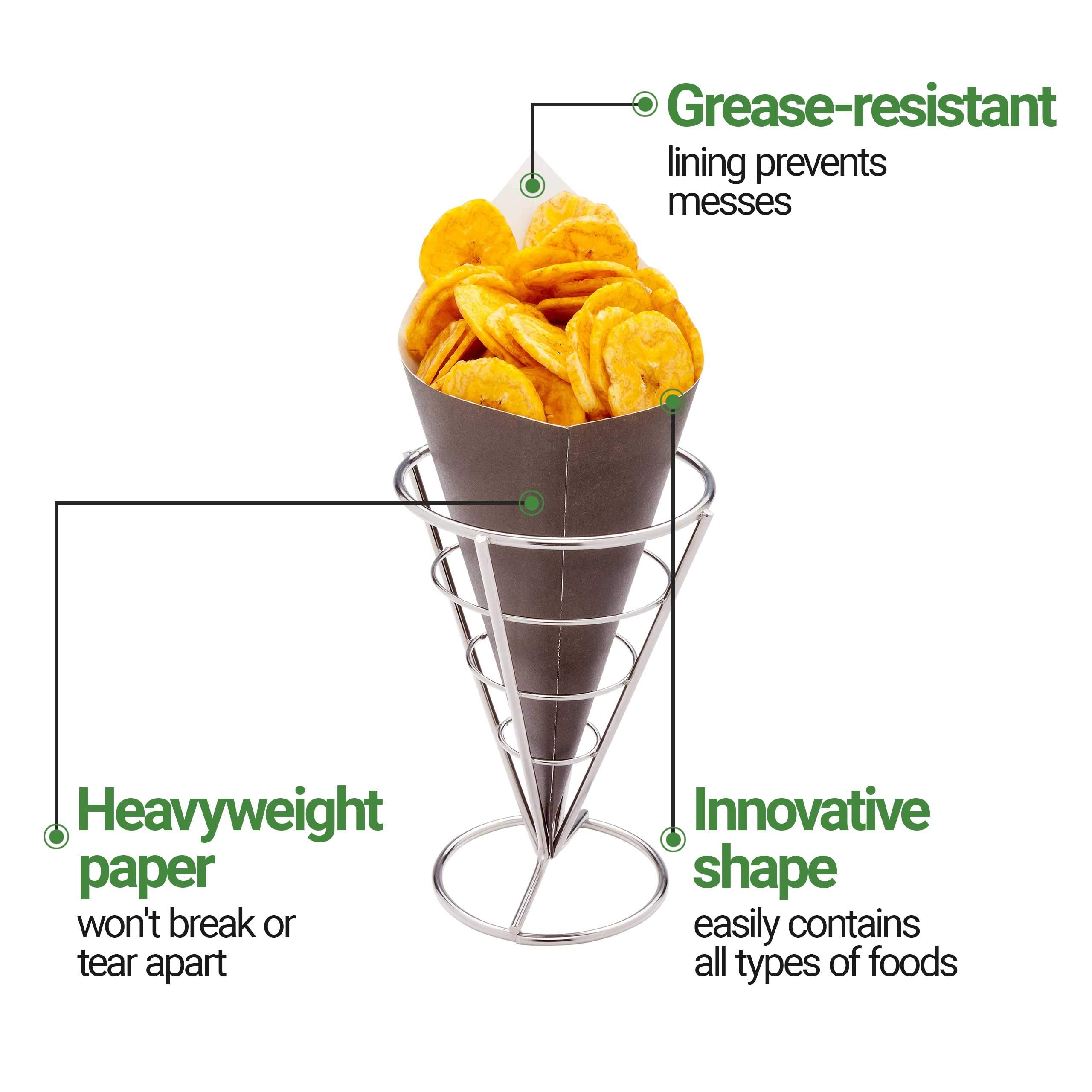 Restaurantware Conetek 10-Inch Eco-Friendly Black Finger Food Cones: Perfect For Appetizers - Food-Safe Paper Cone - Disposable