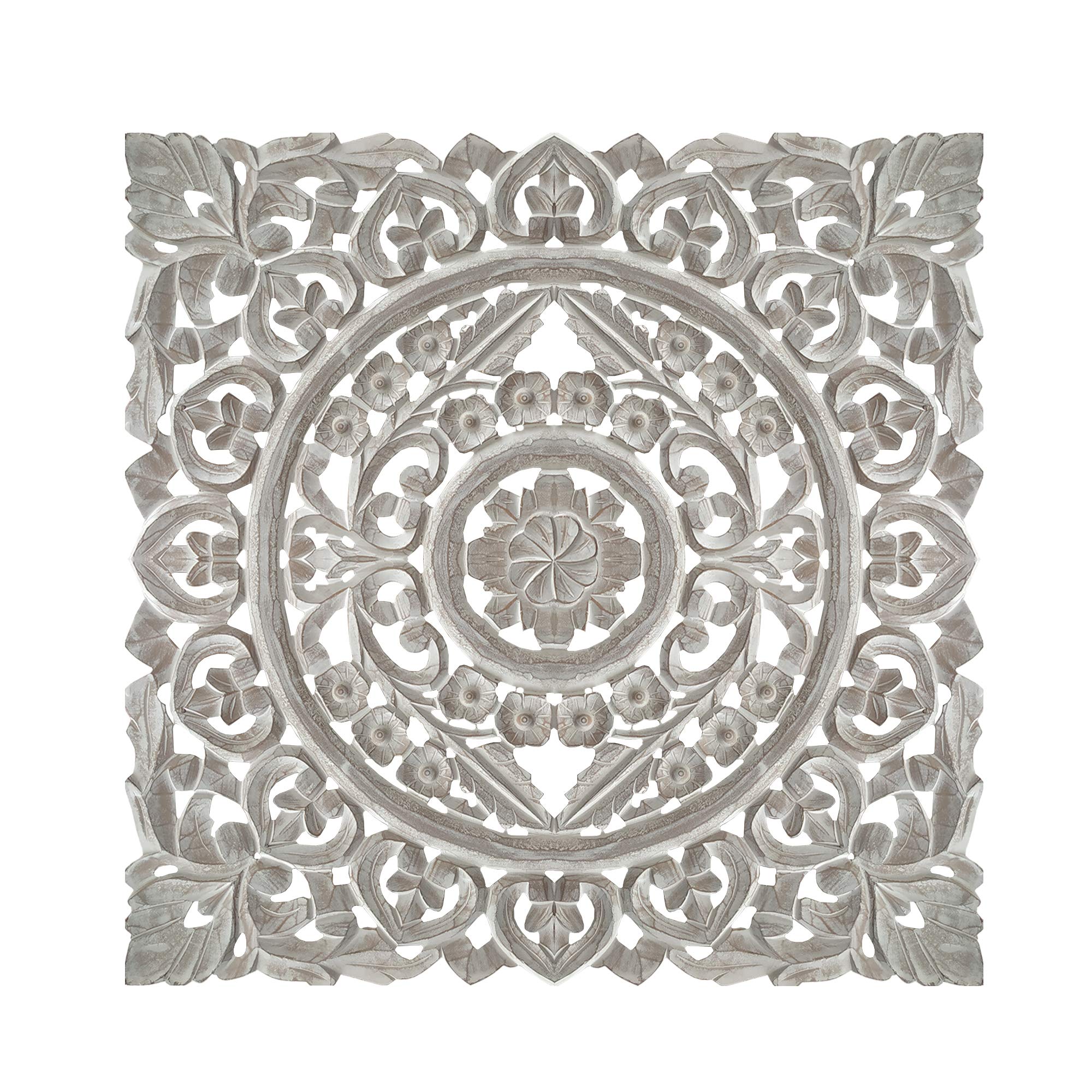 TUP The Urban Port Square Shape Wooden Wall Panel with Traditional Carvings, Distressed White