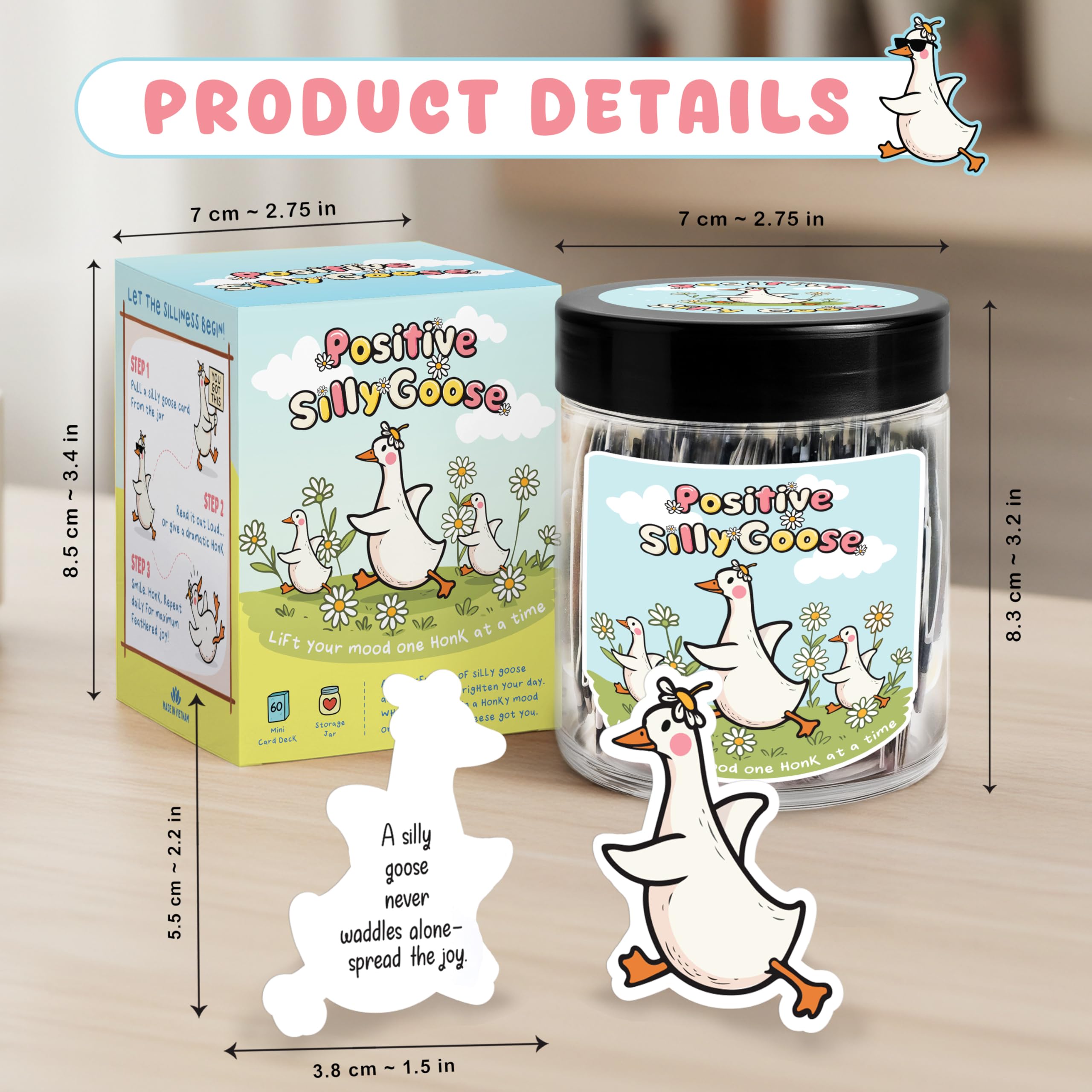 Positive Goose Jar with 60 Affirmation Cards, Emotional Support Goose, Silly Goose Gifts For Women, Mini Desk Goose, Stocking St