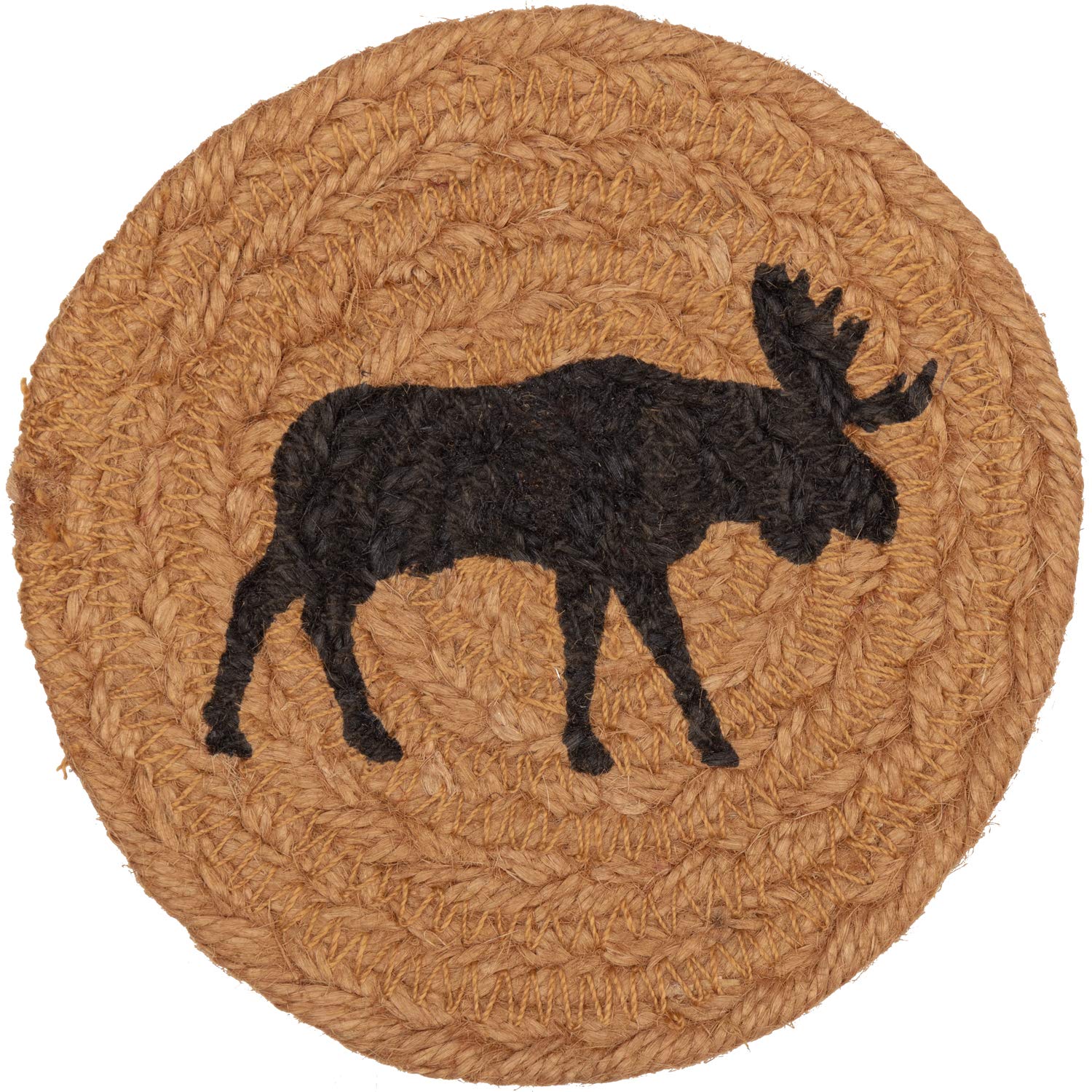 Vhc Brands Cumberland Moose Print Textured Jute Rustic Tabletop Kitchen Stenciled Round Bedding Accessory, Coaster Set, Natural
