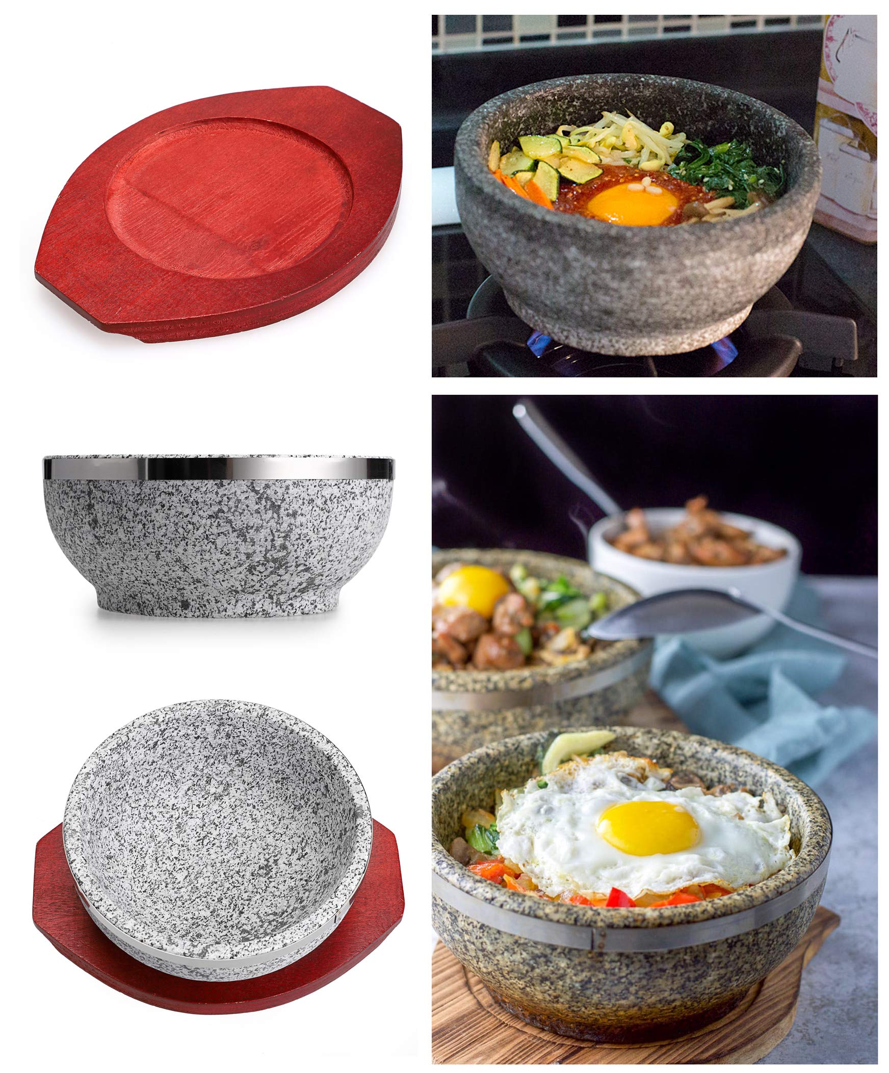 Mdluu Dolsot Bibimbap Bowl 32 Oz, Granite Stone Bowl With Wood Base, Dolsot Pot For Korean Soup, Rice And Stew