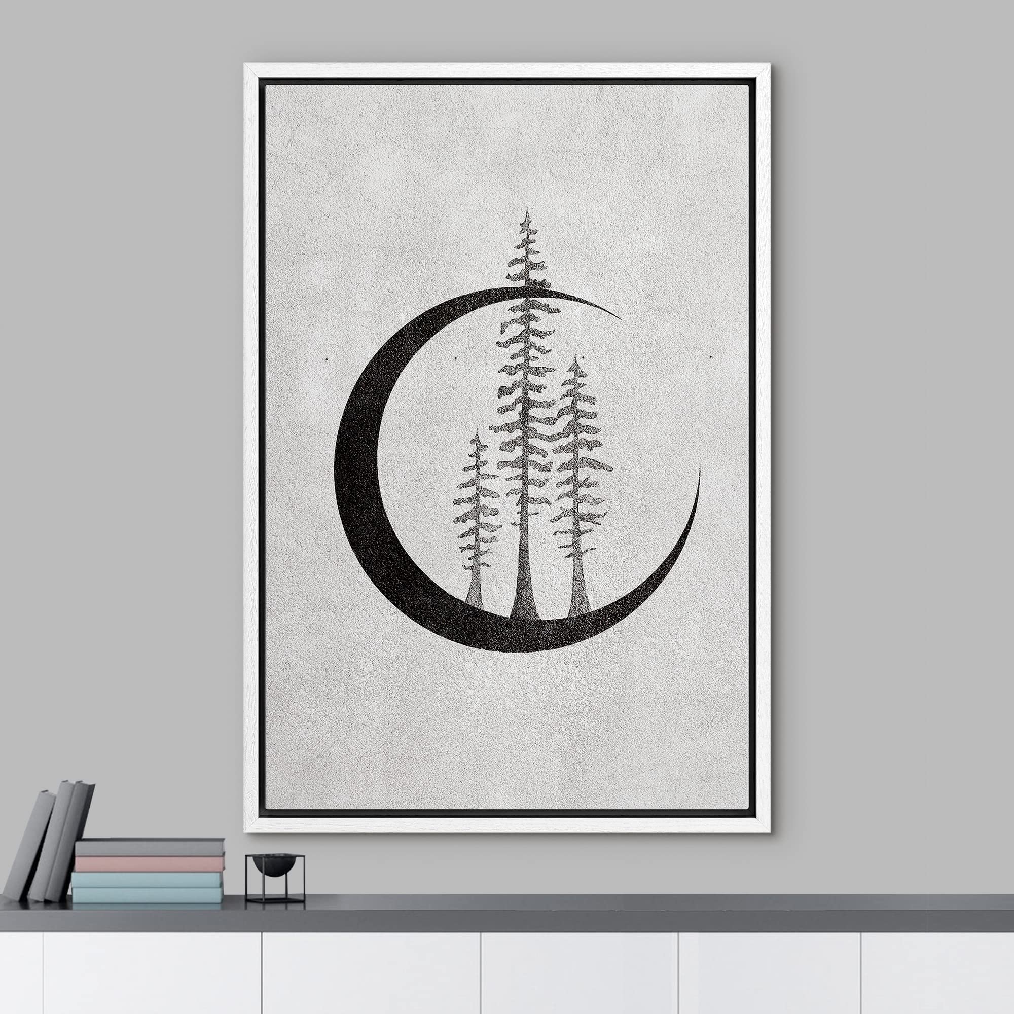 NWT Framed Canvas Print Wall Art Sketch Style Pine Trees on Crescent Moon Nature Wilderness Photography Realism Minimalist Scenic Black and White for Living Room  Bedroom  Office - 16''x24'' White