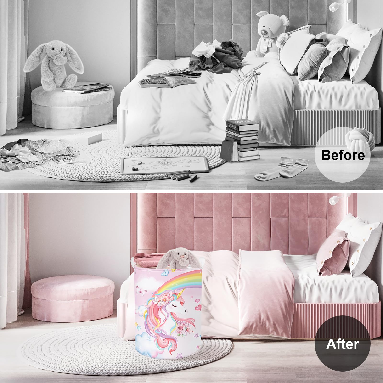 Clastyle Large Rainbow Unicorn Kid Laundry Hamper For Girl Collapsible Pink Flower Clothes Toy Storage Basket With Lid For Nurse