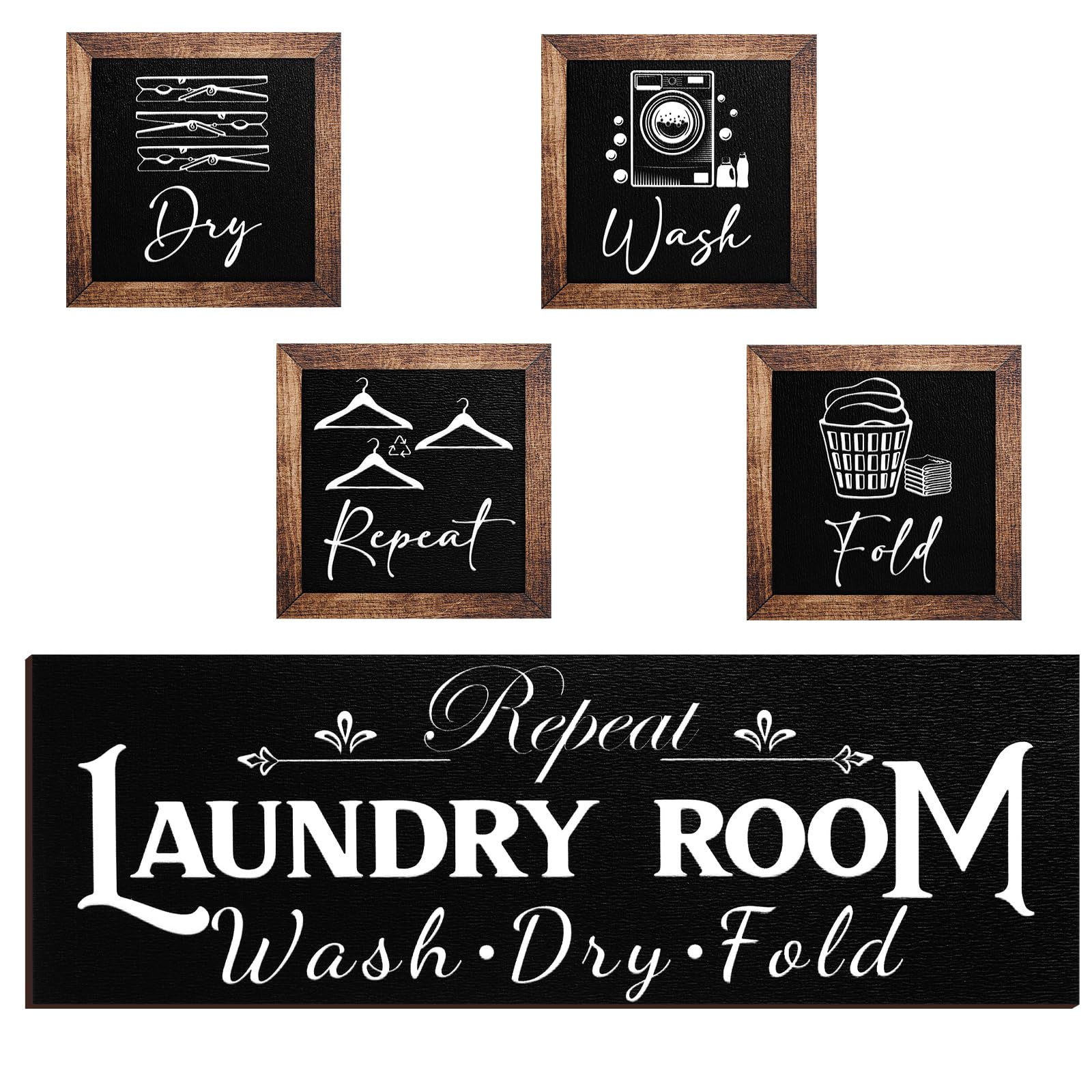 Yerliker Set of 5 Laundry Room Decor for Wall Laundry Room Sign Farmhouse Wooden 4.7 x 4.7 Inch Wash Dry Fold Repeat Signs Rusti