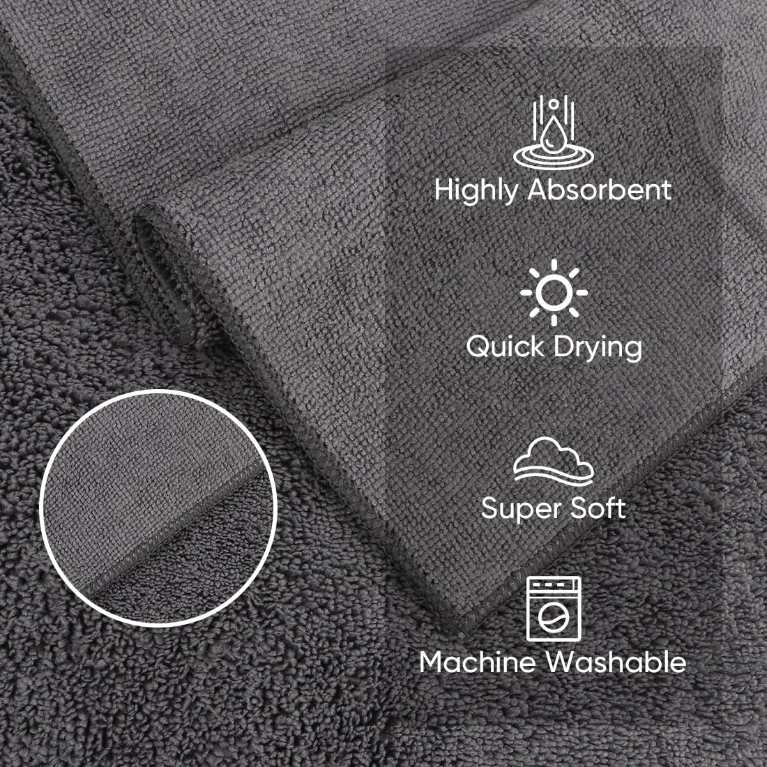 HOMEXCEL Microfiber Washcloths 24 Pack, Highly Absorbent and Soft Face Towel, Multi-Purpose Grey Wash Cloths for Bathroom, Hotel