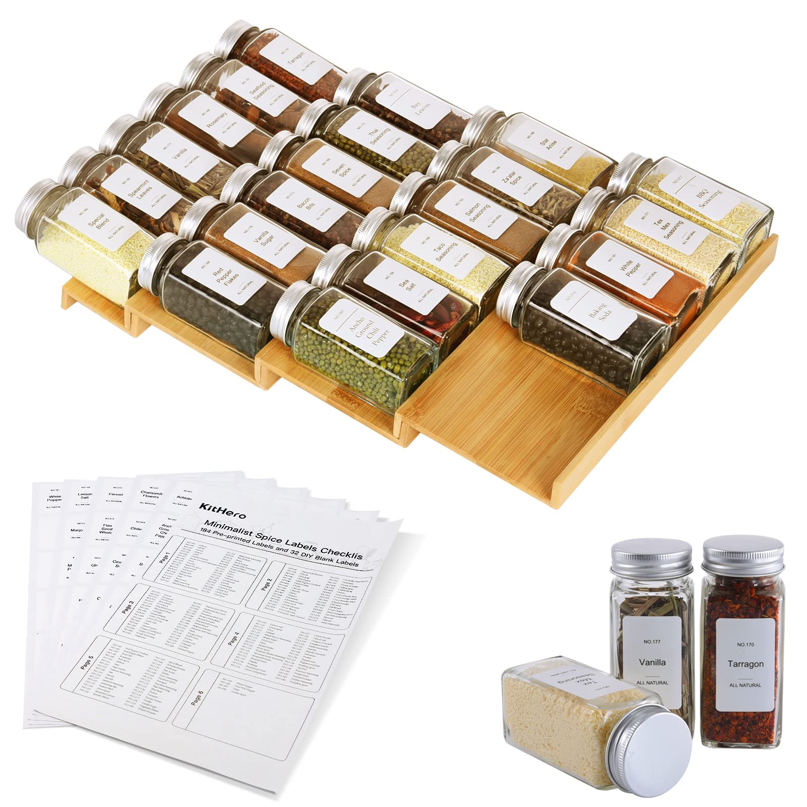 KitHero Spice Drawer Organizer with 20 Spice Jars,216 Labels,25 Non-slip Rubber, Bamboo 4 Tier Seasoning Rack Tray Insert for Ki