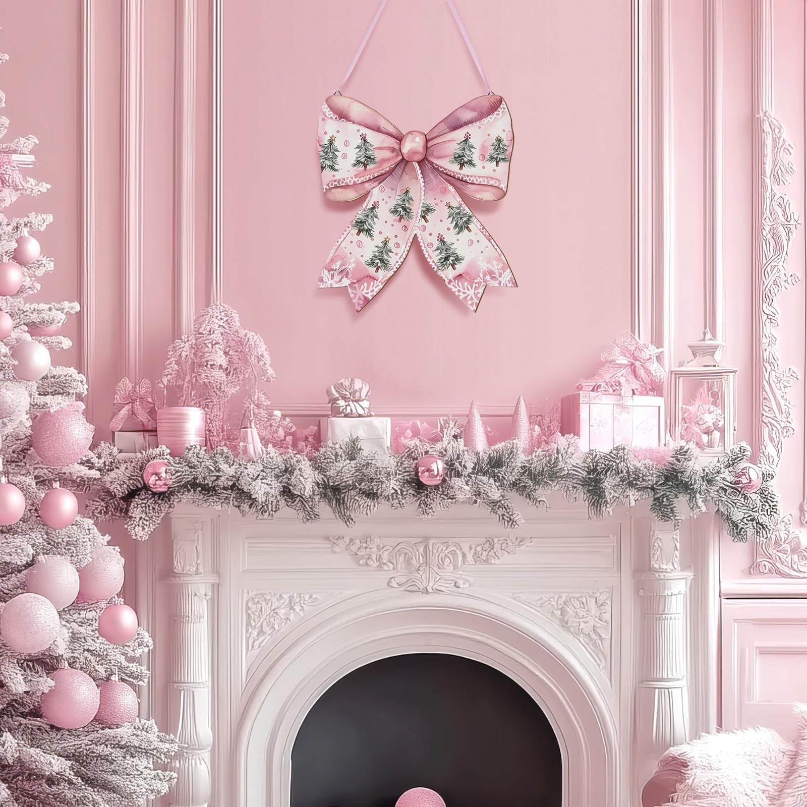 RattanView Christmas Tree Pink Bow Wooden Hanging Sign Coquette Bow Wall Hanging Hanger Xmas Cute Preppy Wall Art Bowknot Welcom
