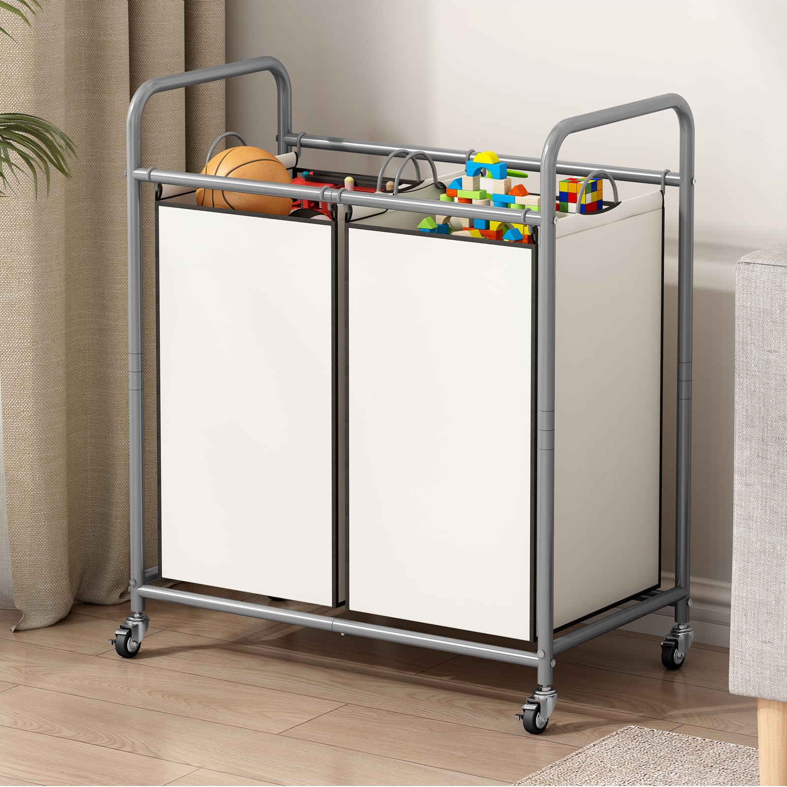 SUOERNUO Laundry Sorter Basket 2 Bag Laundry Hamper Cart with Rolling Removable Bags Laundry Organizer Cart for Clothes Storage  Beige (2 Bags  Beige)