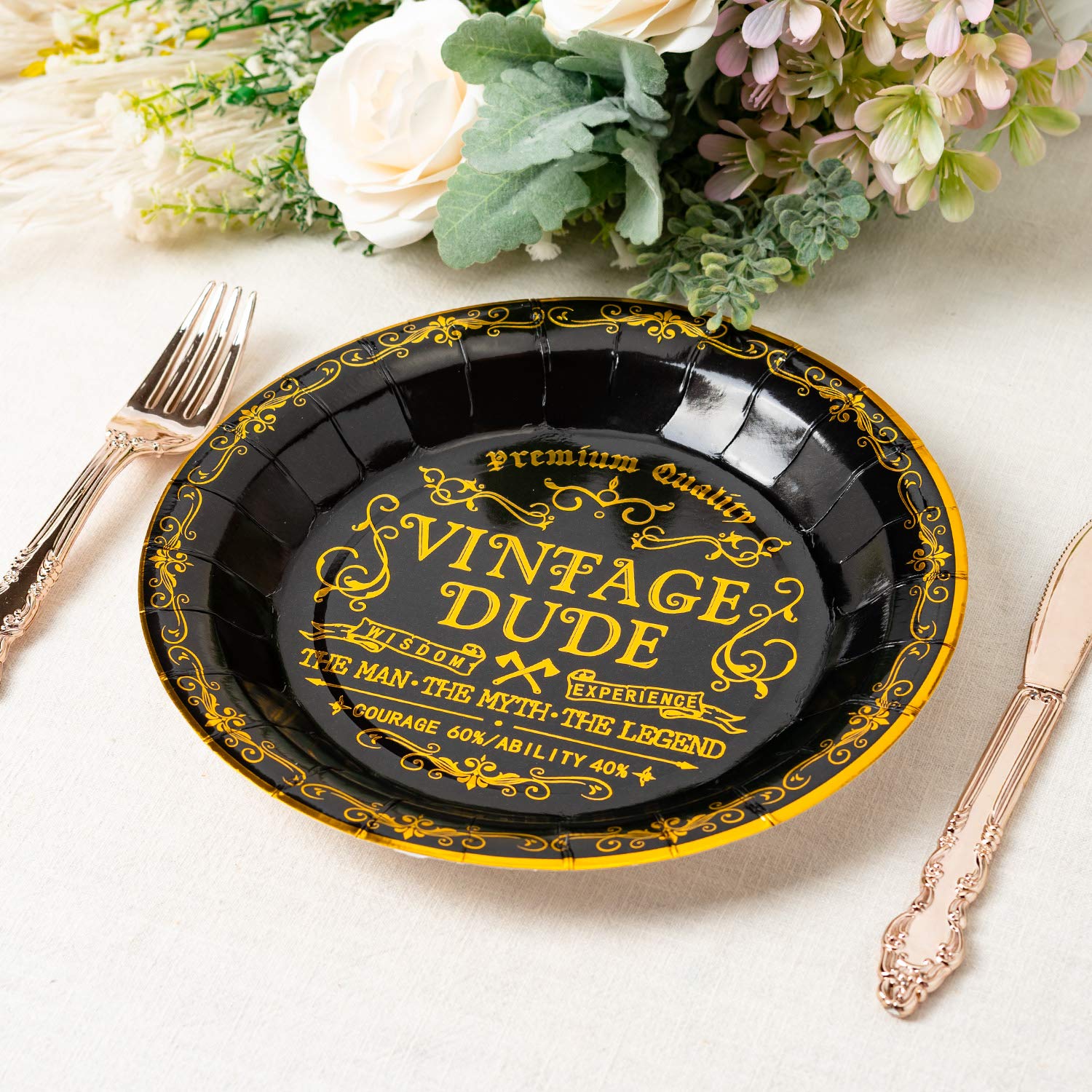 Crisky Vintage Dude Disposable Plates For Men Birthday Decorations Black Gold Dessert, Buffet, Cake, Lunch, Dinner Disposable Pl