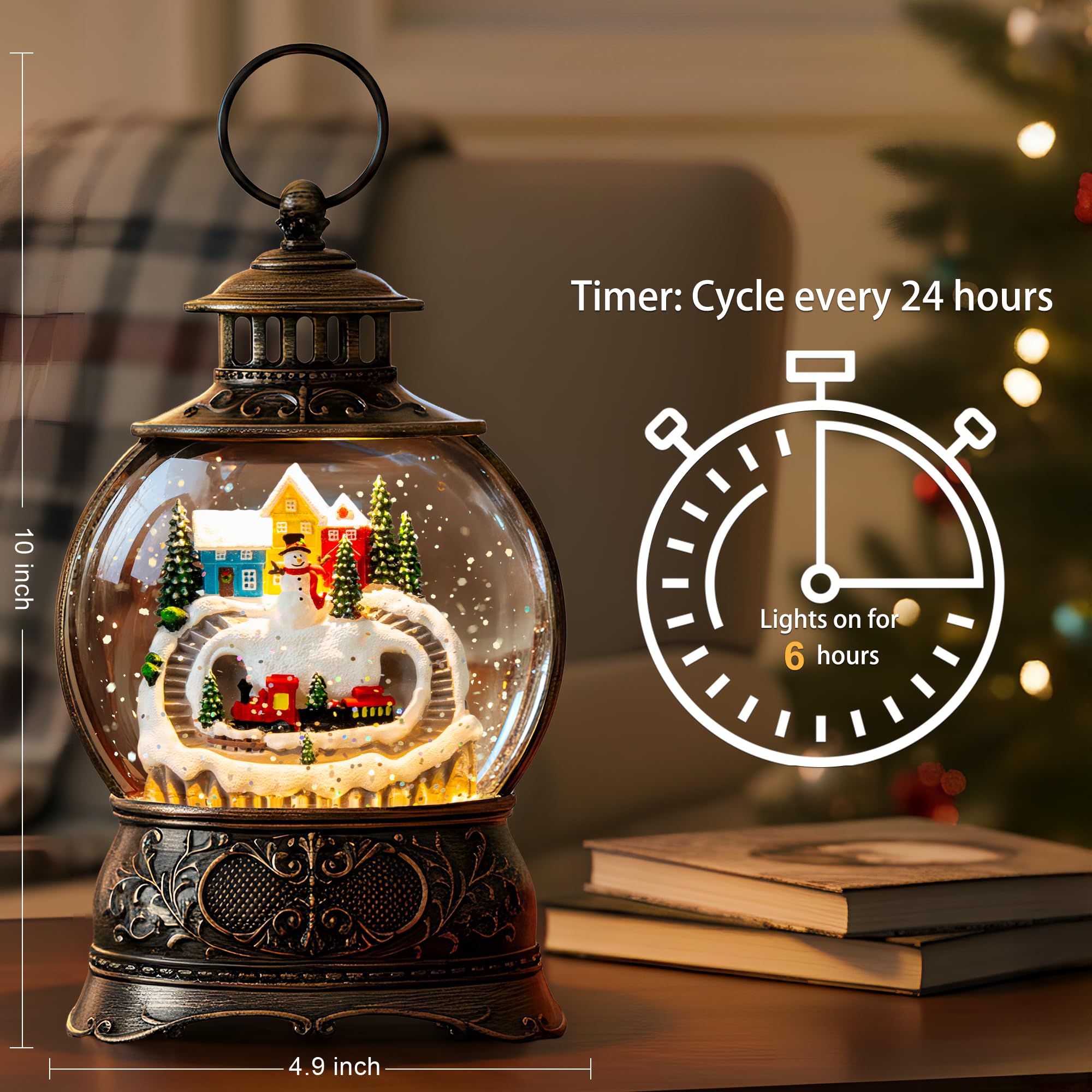 Christmas Village Snow Globe Water Lantern with Snowman and Train Scene Battery Operated or USB Powered Musical Lighted Holiday