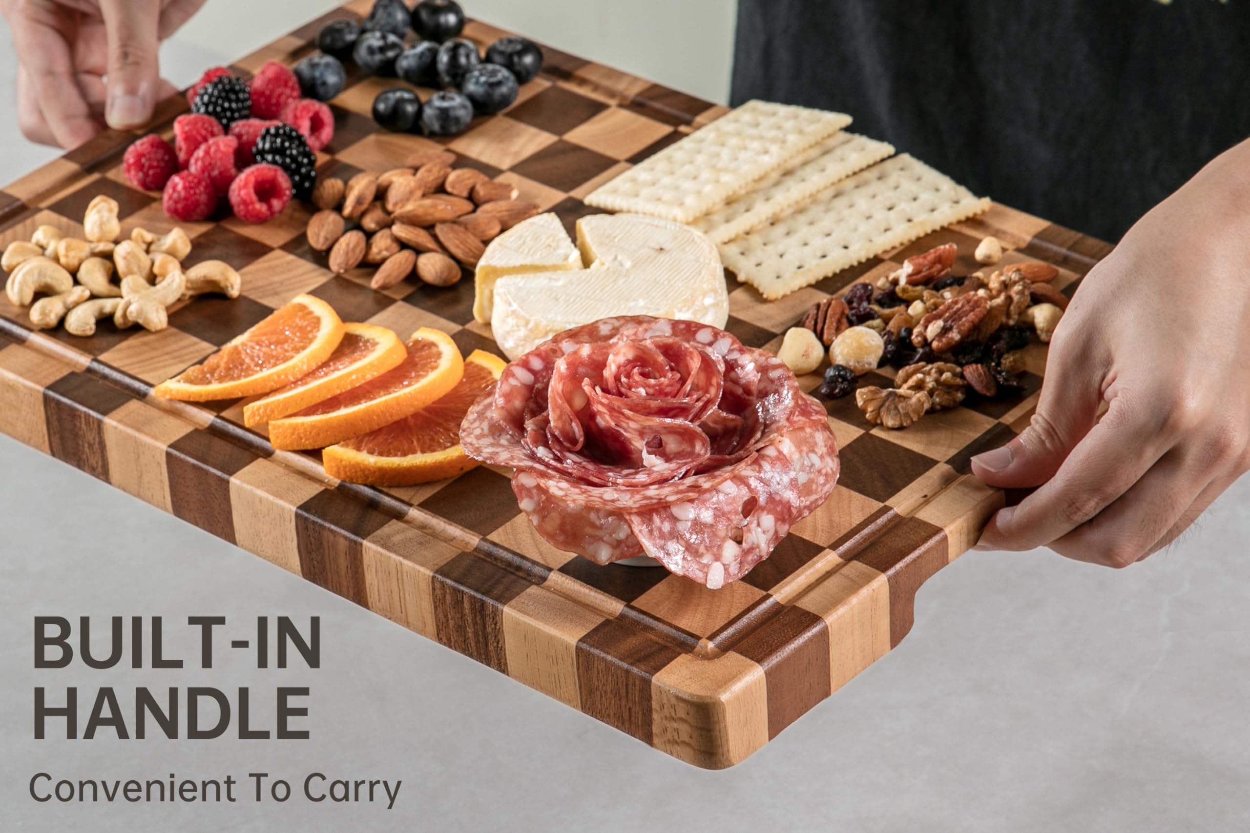 THETCHRY Cutting Boards for Kitchen, Extra Large Chopping Board for Stovetop, Checkered Acacia Wood Cutting Board with Juice Gro