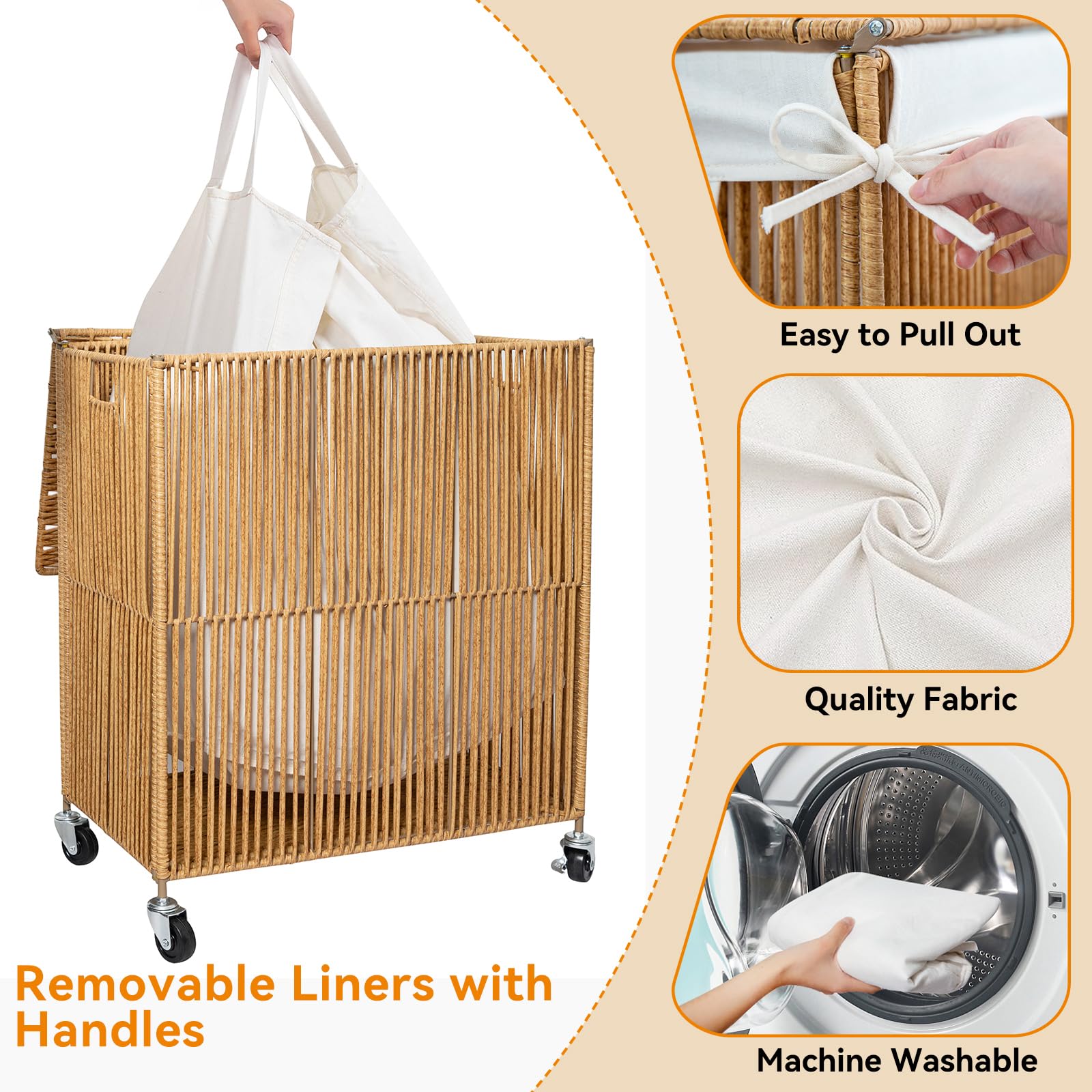 Wowlive Laundry Hamper With Wheels, Handwoven Rolling Laundry Basket With Lid, Clothes Hamper With Divided Removable Liner Bag,