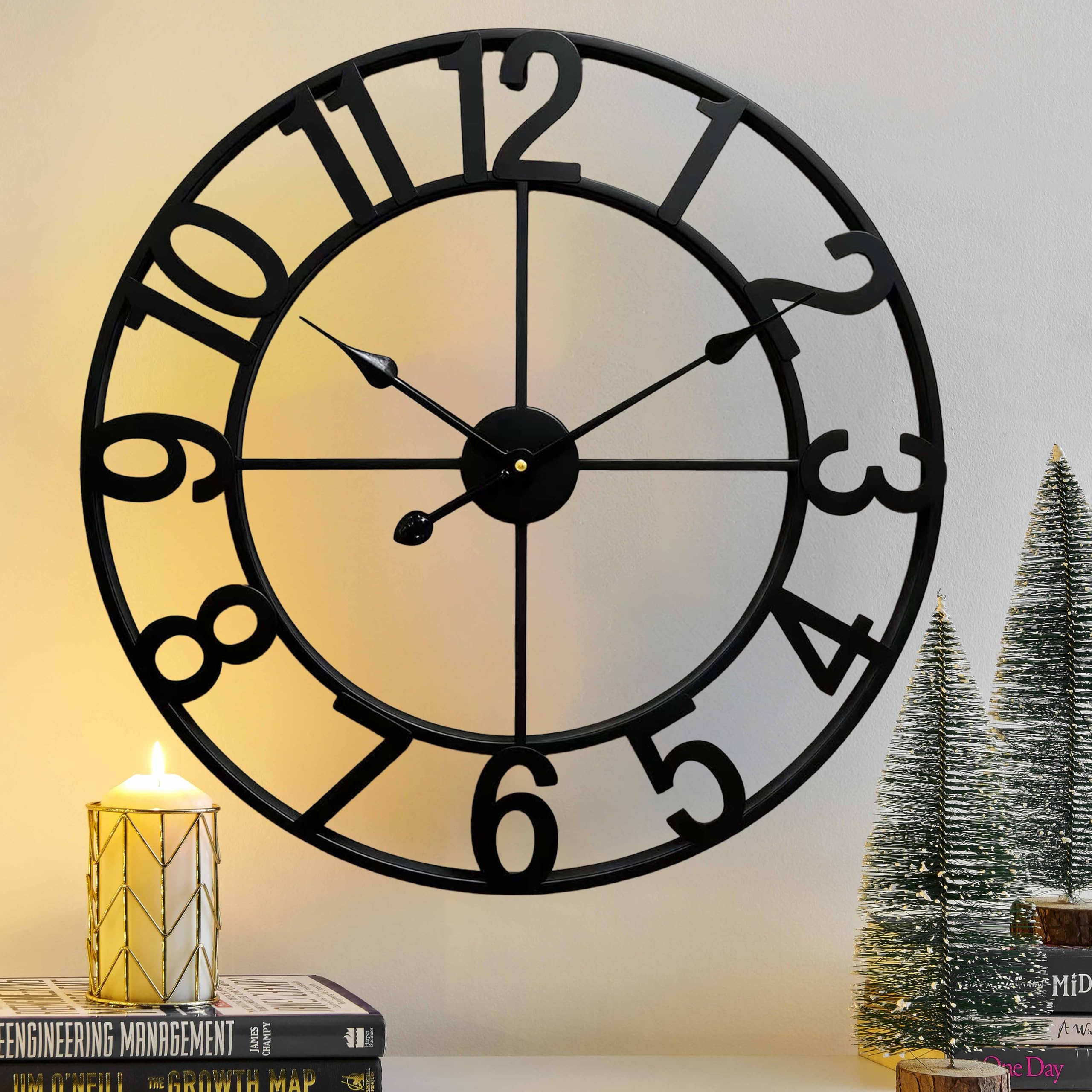Clxeast 24 Inch Wall Clocks For Living Room Decor, Black Metal Wall Clock, Arabic Numeral