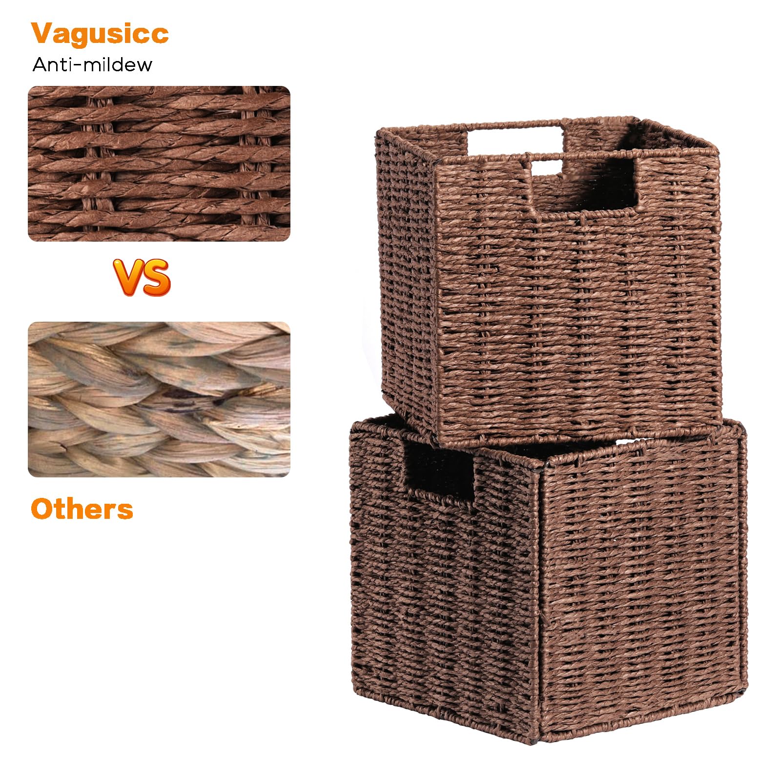 Vagusicc Wicker Storage Basket, Set Of 2 Hand-Woven Storage Baskets For Shelves, Foldable Cube Storage Baskets Bins With Handles