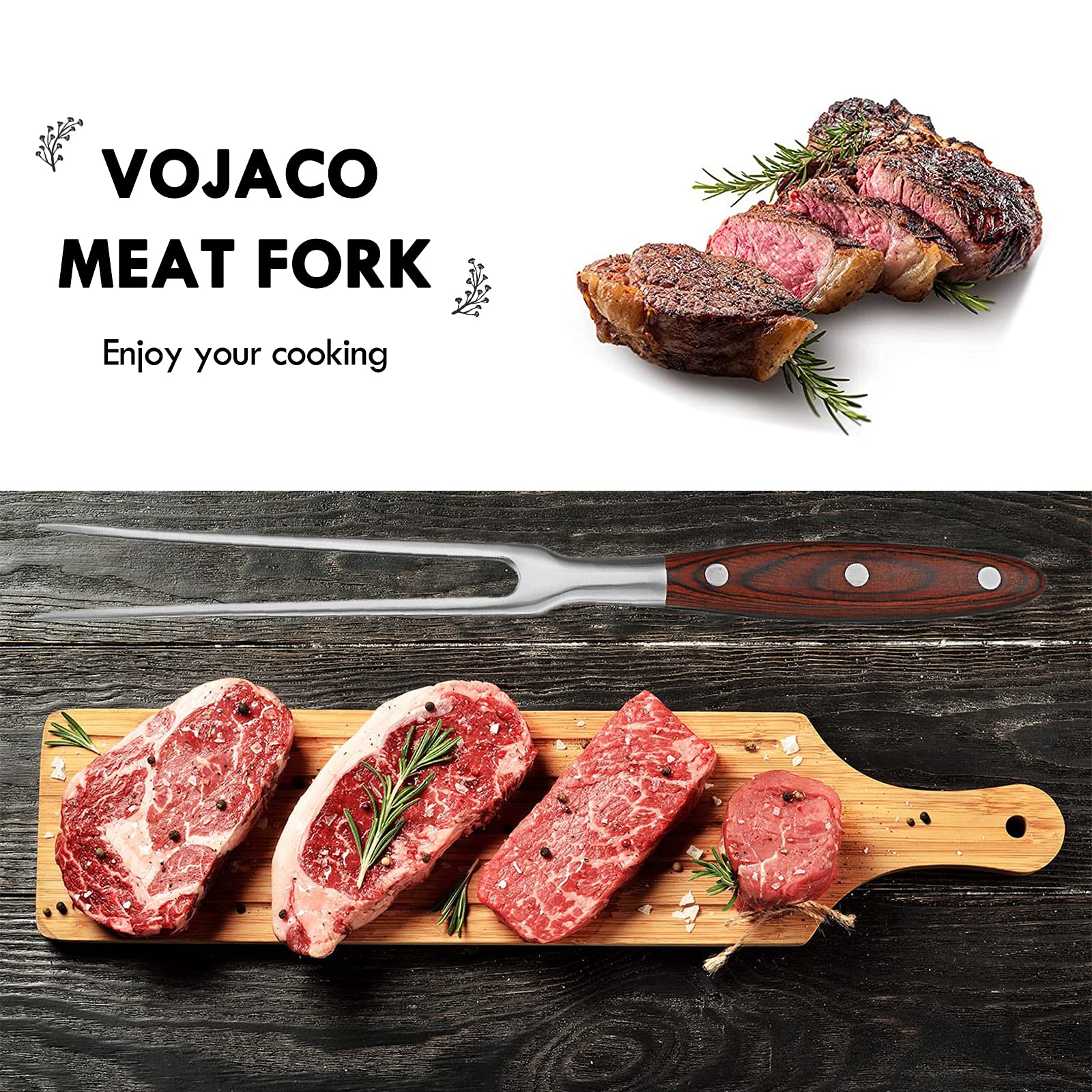 Vojaco Carving Fork, Metal Fork, 12 Inch Long Cooking Fork With Wooden Handle, Heavy Duty Stainless Steel Kitchen Serving Grill