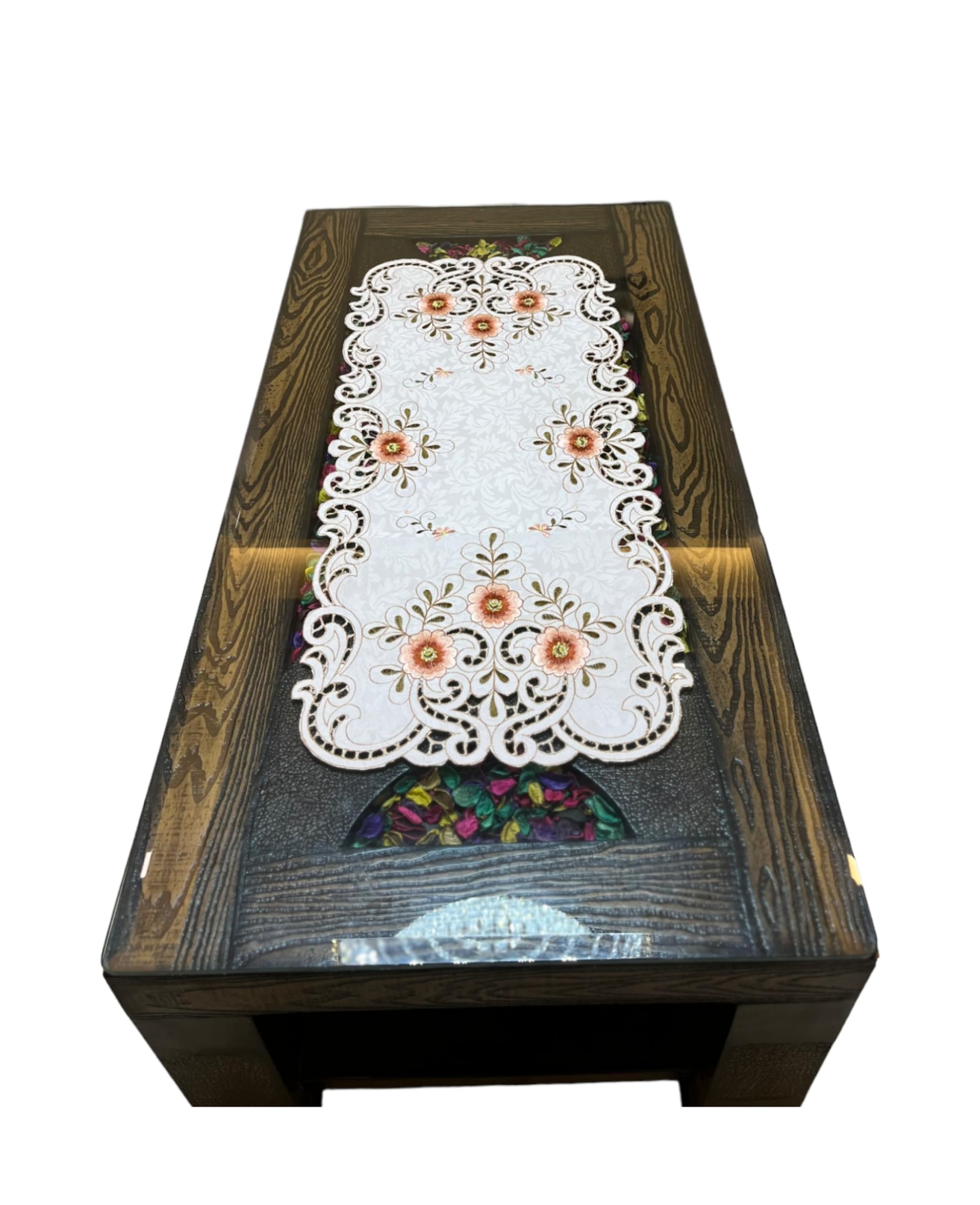 MONKDECOR Satin Embroidery Centre Table Runner (16x33 Inches) Design2Satin