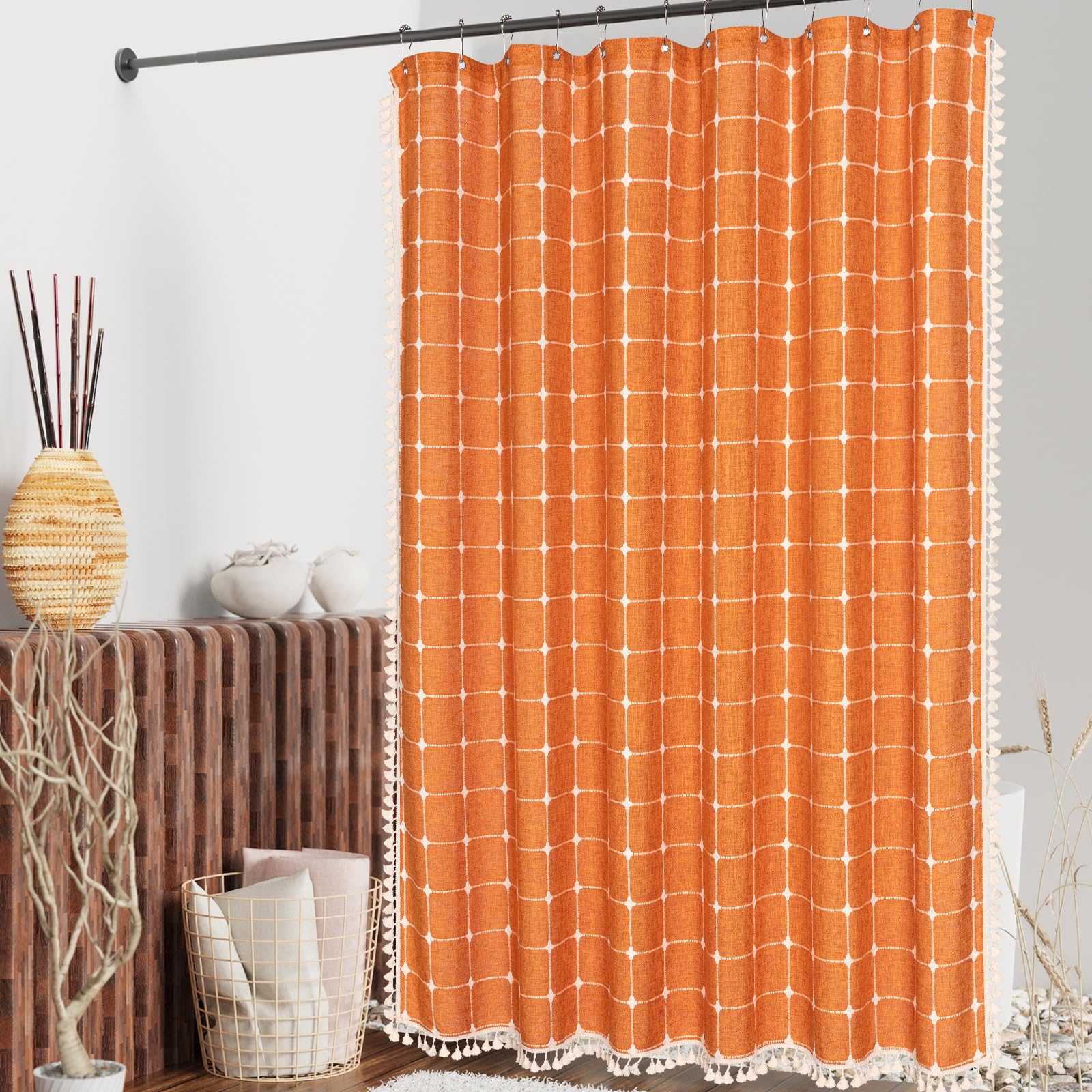 Mitovilla Orang Farmhouse Shower Curtain Set 72 X 78, Boho 78 Inch Long Cotton Linen Tassel Fabric Shower Curtain Set For Chic C