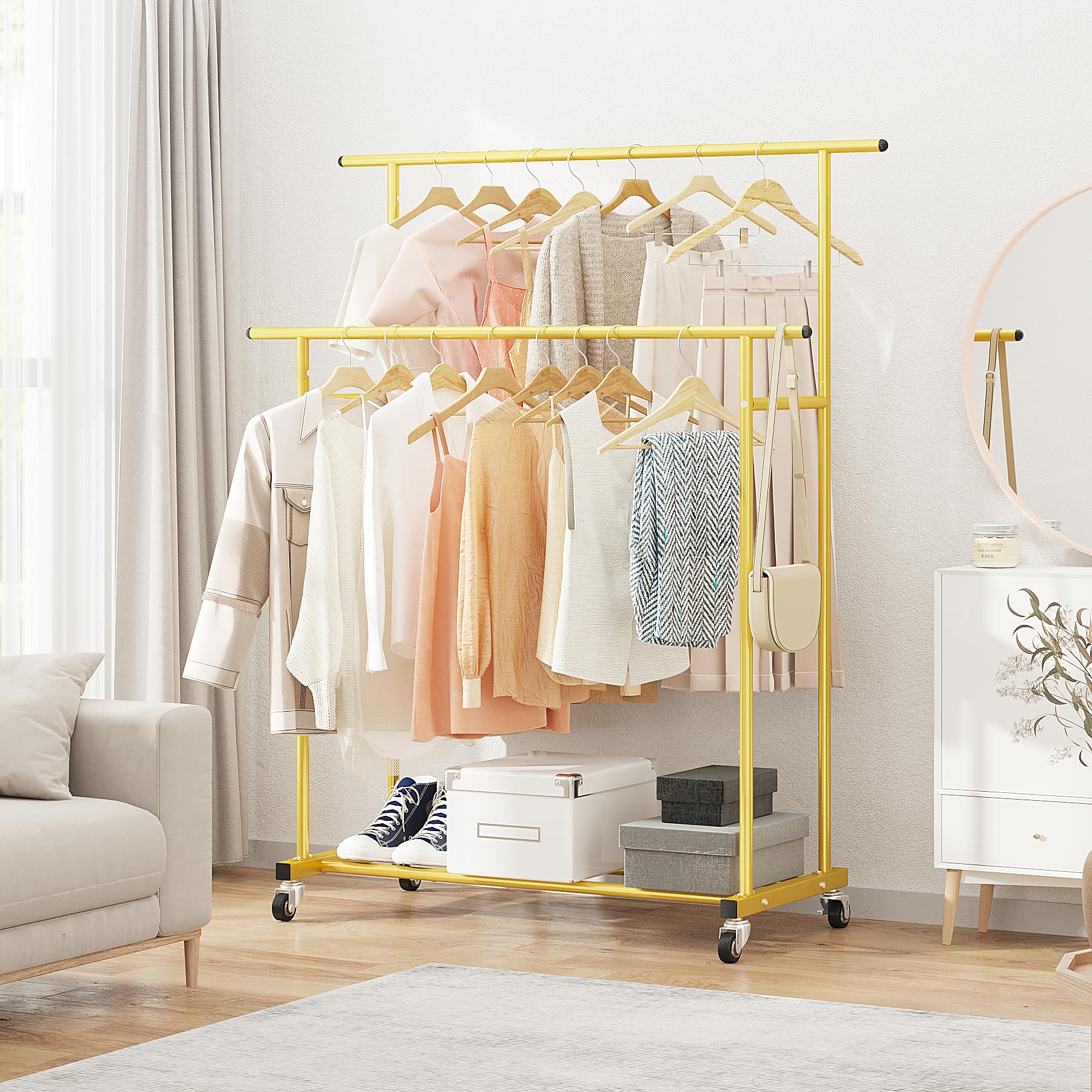 Calmootey Double Rod Clothing Garment Rack Rolling Hanging Clothes Rack Portable Clothes Organizer for Bedroom Living Room Clothing Store Gold