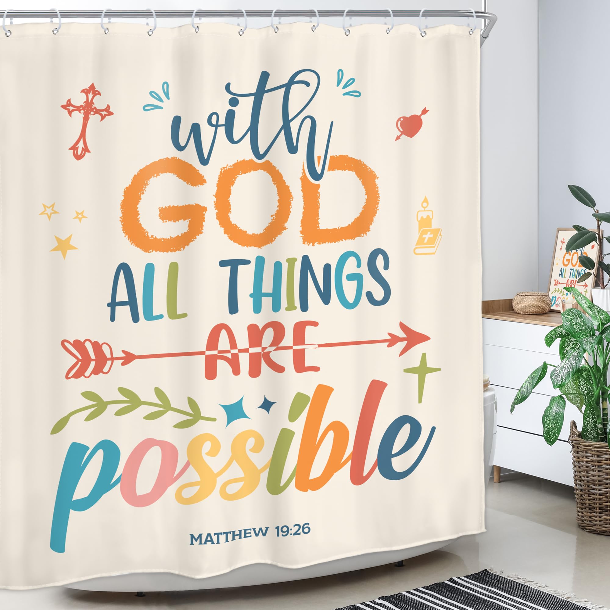 Homewelle Colorful Bible Verse Shower Curtain Inspirational Motivational Positive Quote Encouragement Scripture 60Wx72H Inch Mul