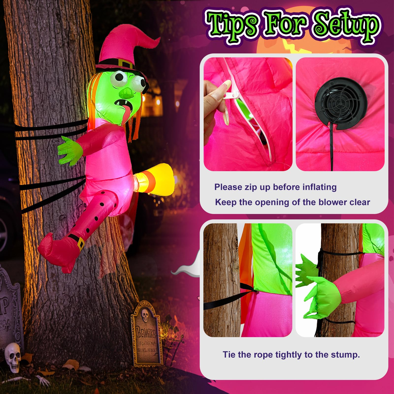 Fayavoo 4FT Halloween Inflatables Witch Outdoor Decoration, Funny Blow Ups Witch Crashing into Tree, Pink Halloween Yard Dec or