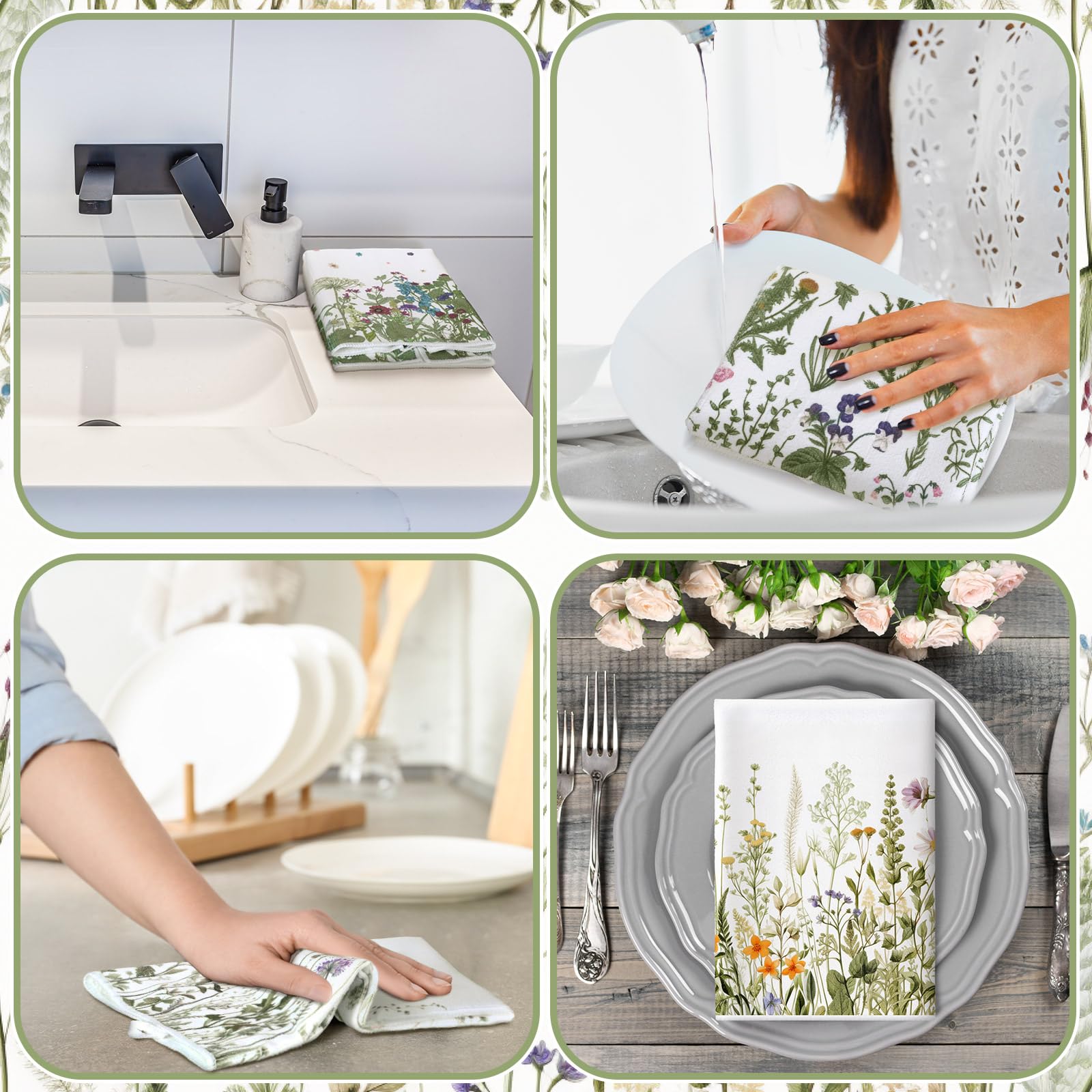 Bencailor 4 Pcs Wild Flower Kitchen Towels Wildflower Floral Hand Dish Towels White Green Leaves Dishcloths Fast Drying Decorati