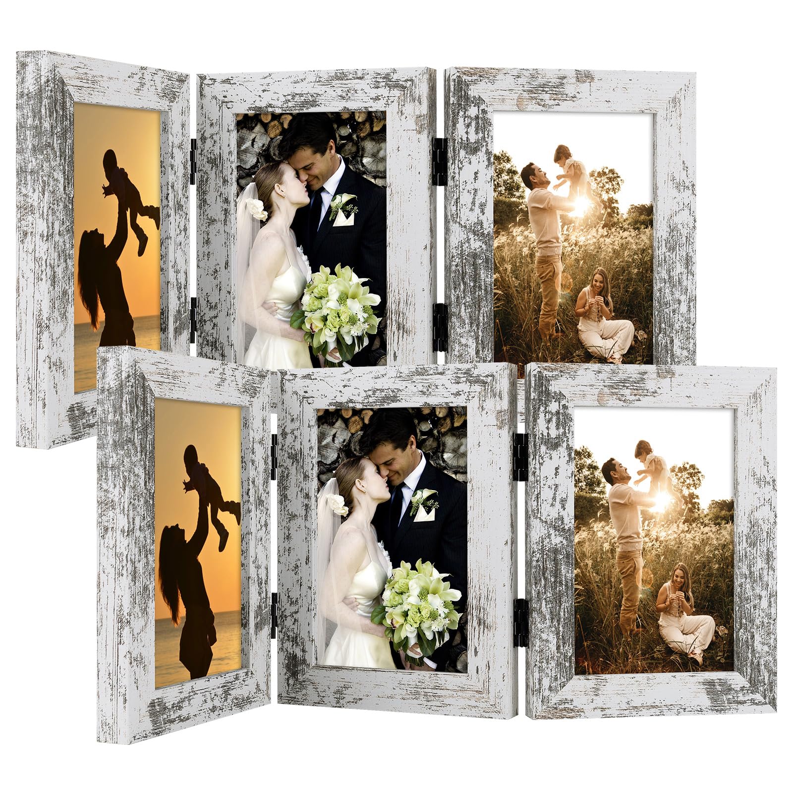 Golden State Art, 4x6 Three Picture Frame Trifold Hinged Photo Frame with 3 Openings, Desk Top Family Picture Collage, with Real