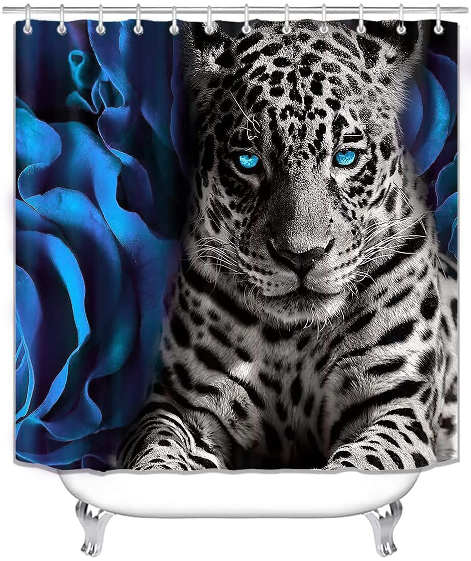 jieprom 4PCS Blue Rose and Leopard Shower Curtain Set with Non-Slip Rugs  Toilet Lid Cover and Bath Mat  Animal Shower Curtain with 12 Hooks  Durable Waterproof Bathroom Decor Set
