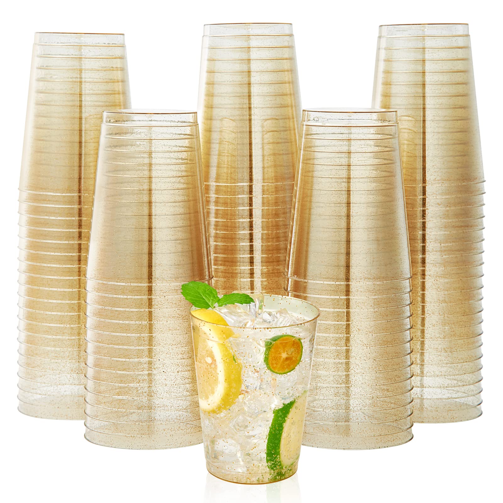 200 Pack 10 Oz Gold Glitter Plastic Party Cups, Disposable Plastic Cups Tumblers, Gold Plastic Drinking Cups With Glitter Perfec