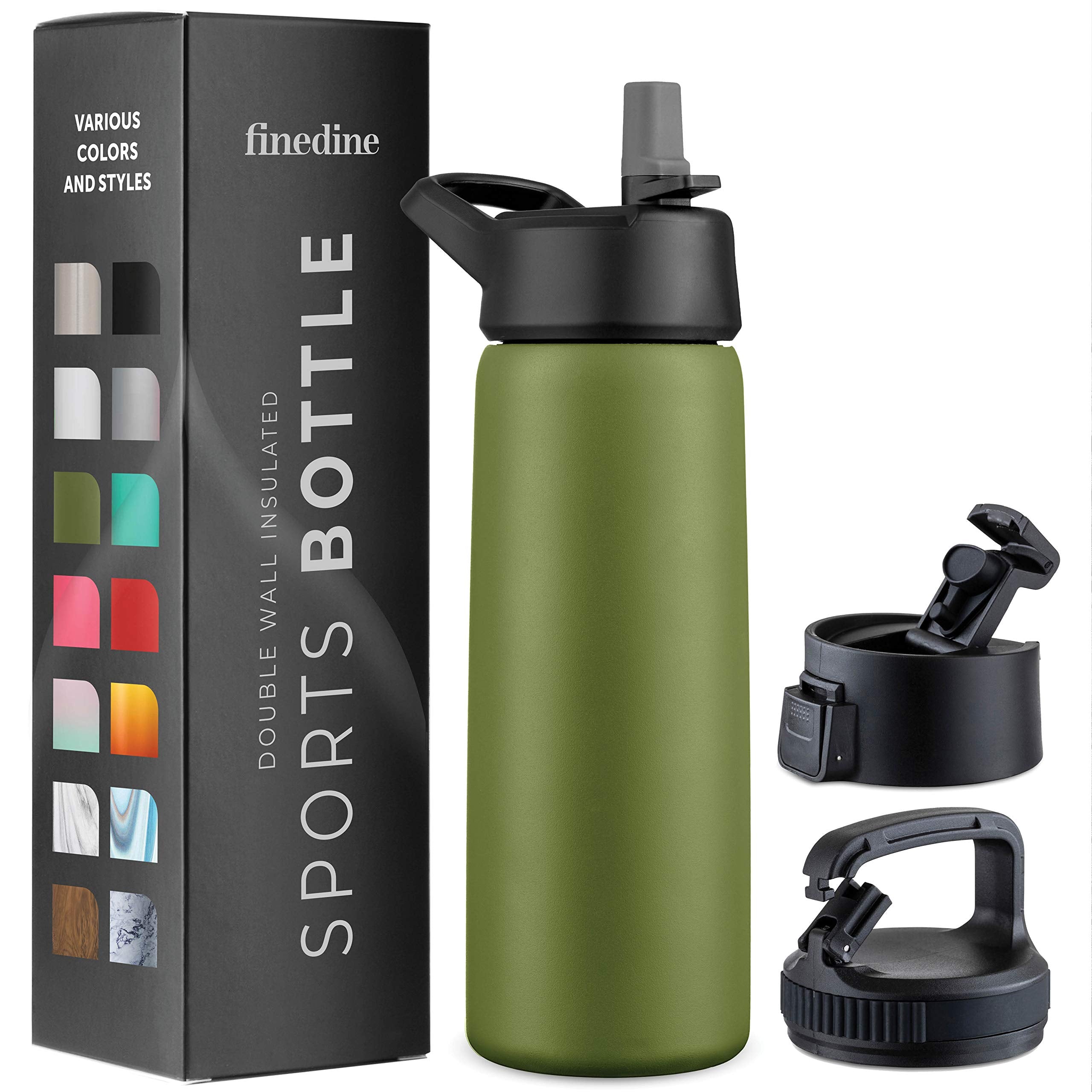 FineDine Water Bottle  Stainless Steel Insulated Water Bottle with Straw Lid, Flip Lid & WideMouth Cap  Keeps Hot and Cold  