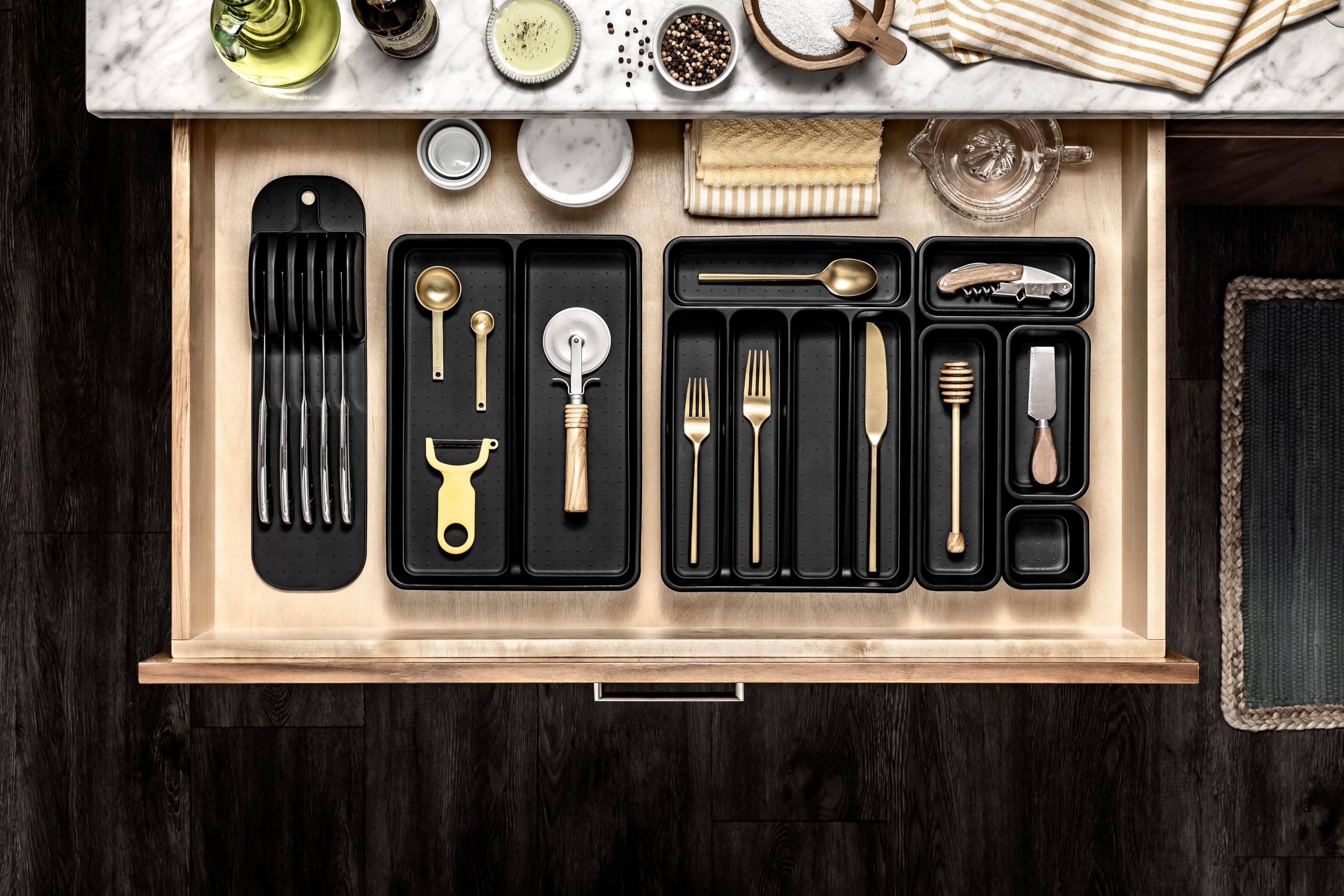 Madesmart Utensil Tray-Carbon Collection 2 Compartments, Soft-Grip Lining & Non-Slip Feet & Bpa-Free, Small