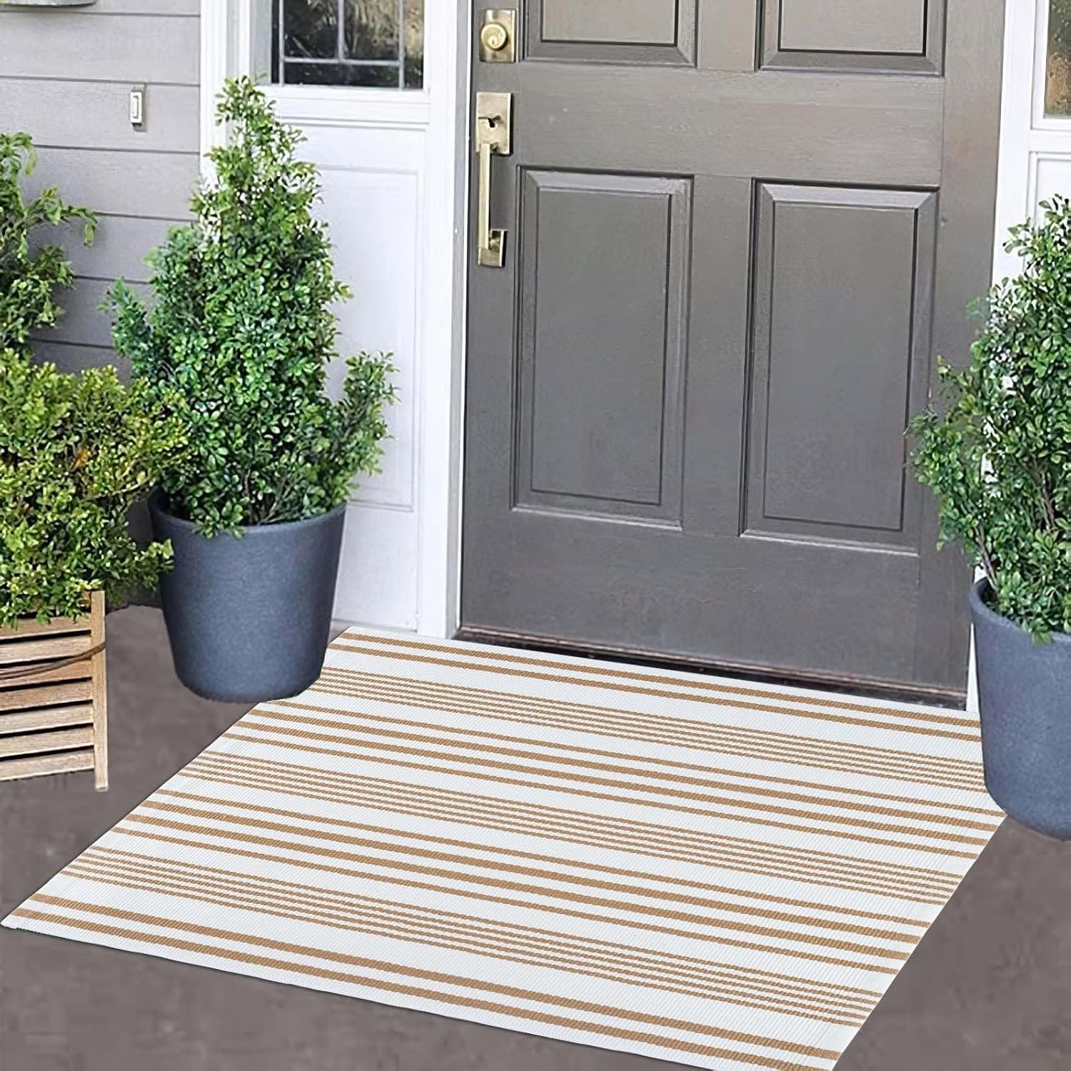 Khaki and White Striped Outdoor Rug 24 x 35 Door Mat Outdoor Machine Washable Welcome Mats Cotton Hand-Woven Entryway Rug fo