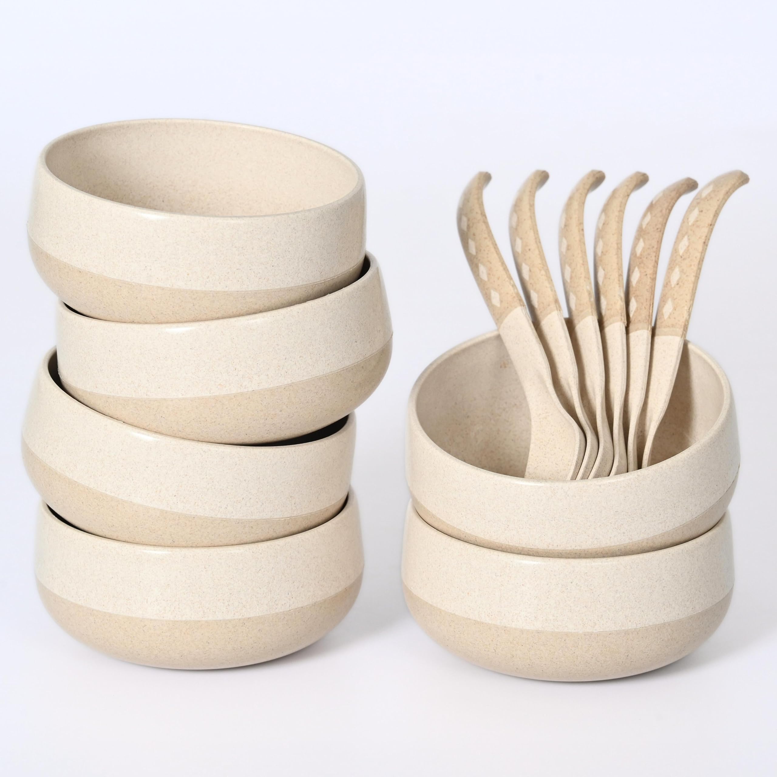 Eha Earth-Friendly Soup Bowls With Spoons Set Of 6 | 250 Ml | Made With Rice Husk Biocomposite | Microwave Safe Bowl | Serving B
