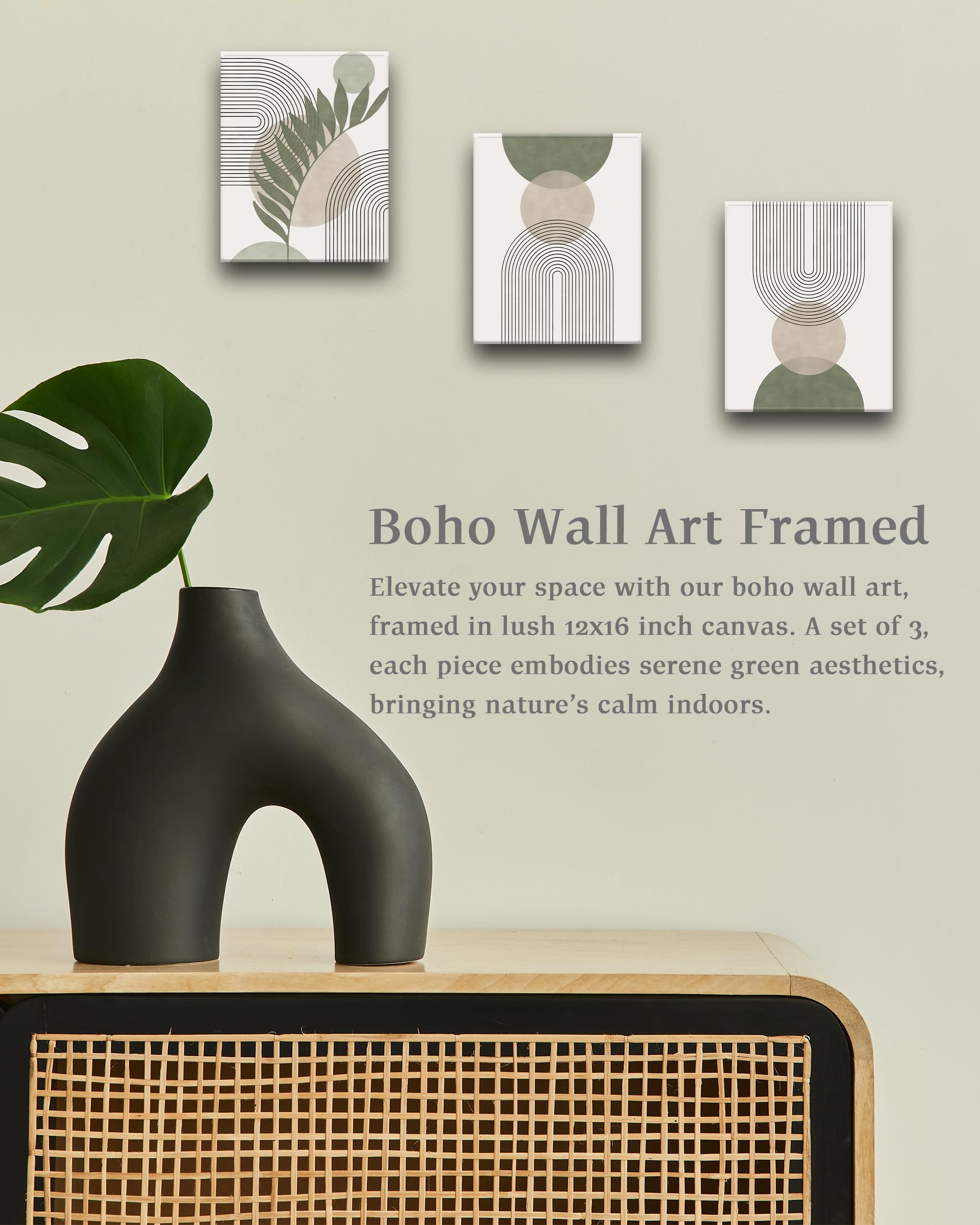 Hesendot Sage Green Boho Wall Art, 12X16In Framed Canvas Bathroom Wall Art Pictures, Mid-Century Modern Wood Framed Abstract Pri