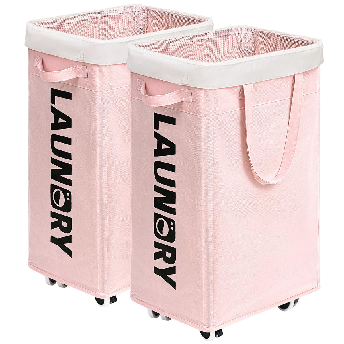 Chicvita Laundry Hamper With Wheels 2-Pack, 75L Collapsible Laundry Basket With Removable Wash Bags, Pink Laundry Hamper For Cor