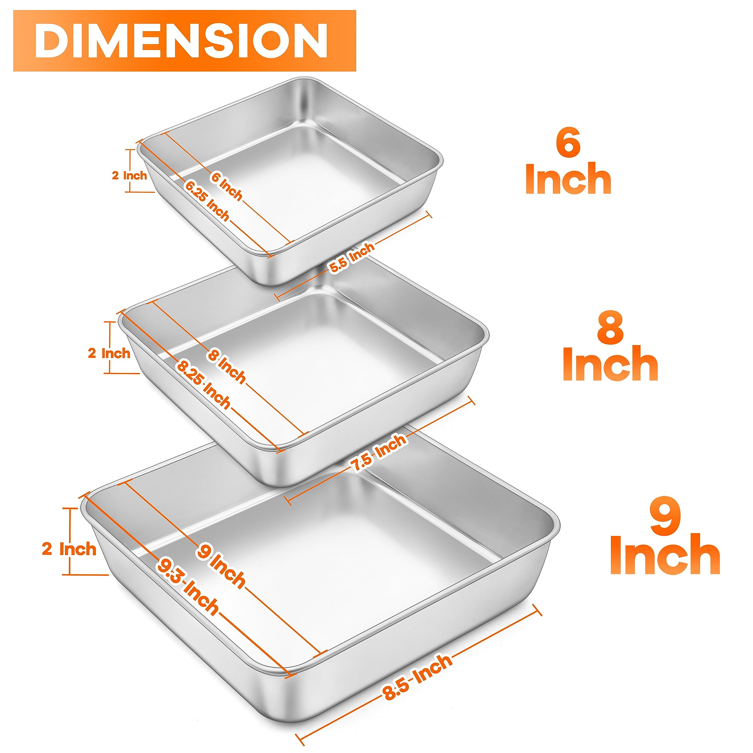 Teamfar Square Cake Pan, 6/8 / 9 Inch Stainless Steel Square Baking Pan For Cake Brownie Lasagna, Non-Toxic & Heavy Duty, One Pi