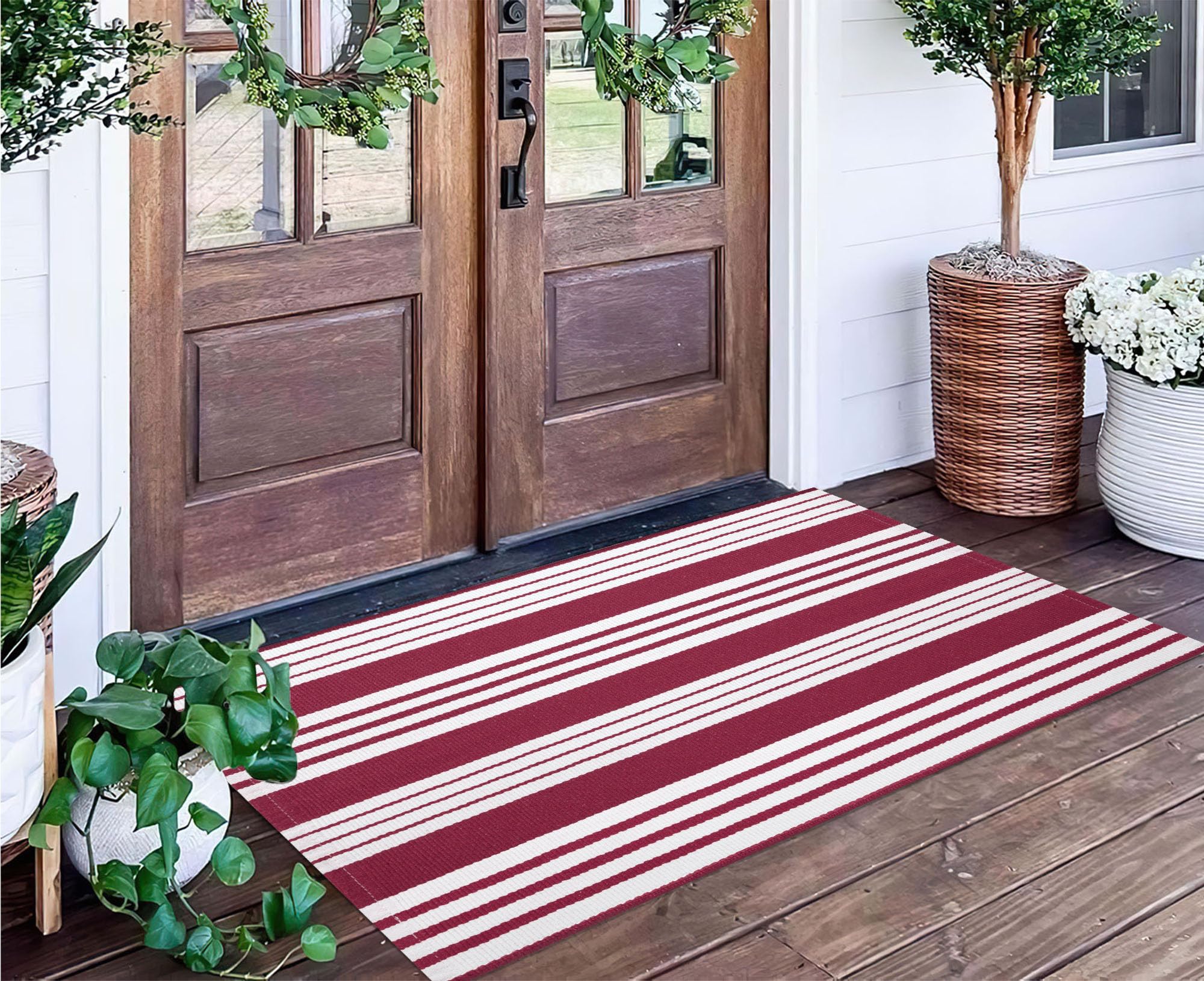 Red and White Striped Rug 24 x 51 Front Porch Rug Hand-Woven Machine Washable Indoor/Outdoor Layered Door Mats for Entryway/