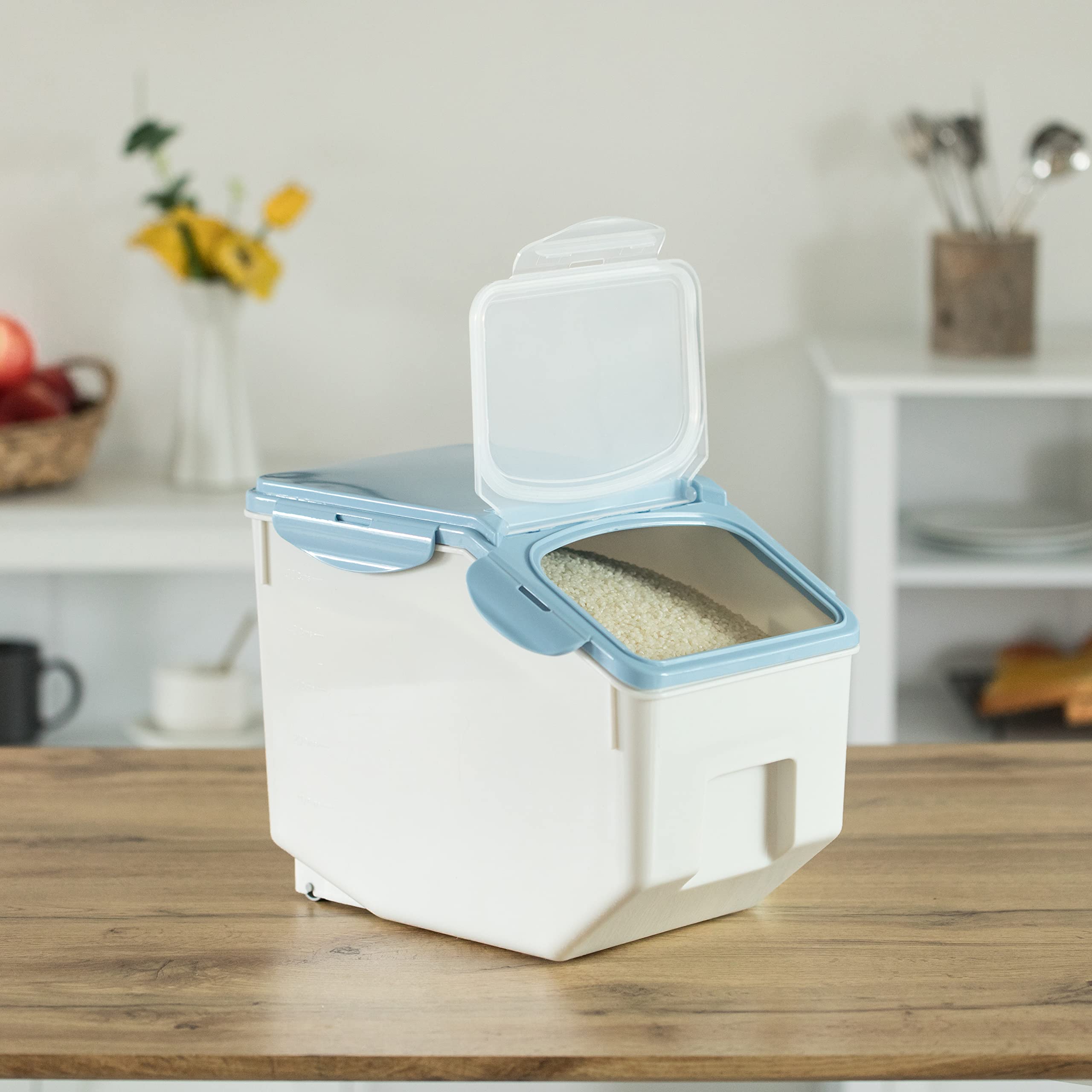 Basicwise White Plastic Storage Food Holder Containers, Set Of 2, With A Measuring Cup And Wheels, Medium, Clear, (Qi004138M.2)