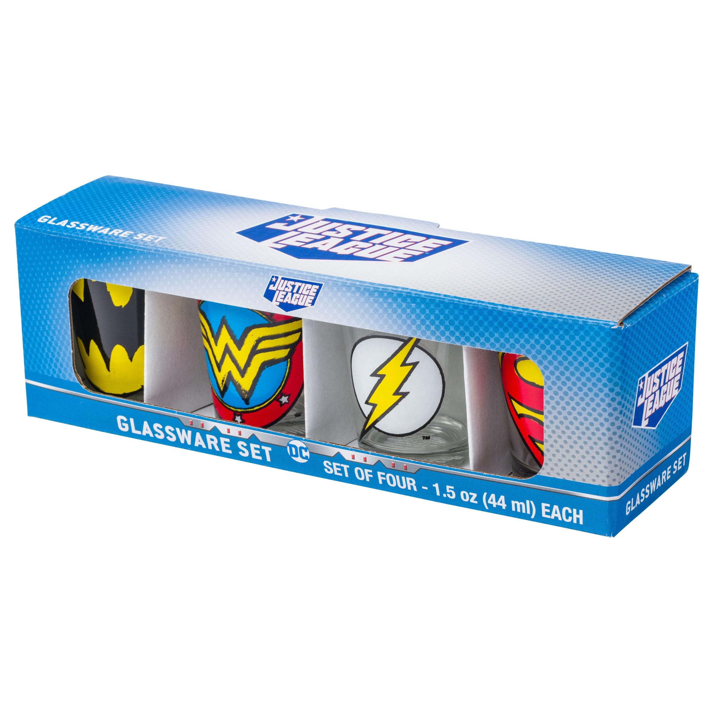 Silver Buffalo Dc Comics Superhero Logos Mini Glasses 4 Pack Featuring Flash, Superman, Wonder Woman, And Batman, 1.5 Ounces