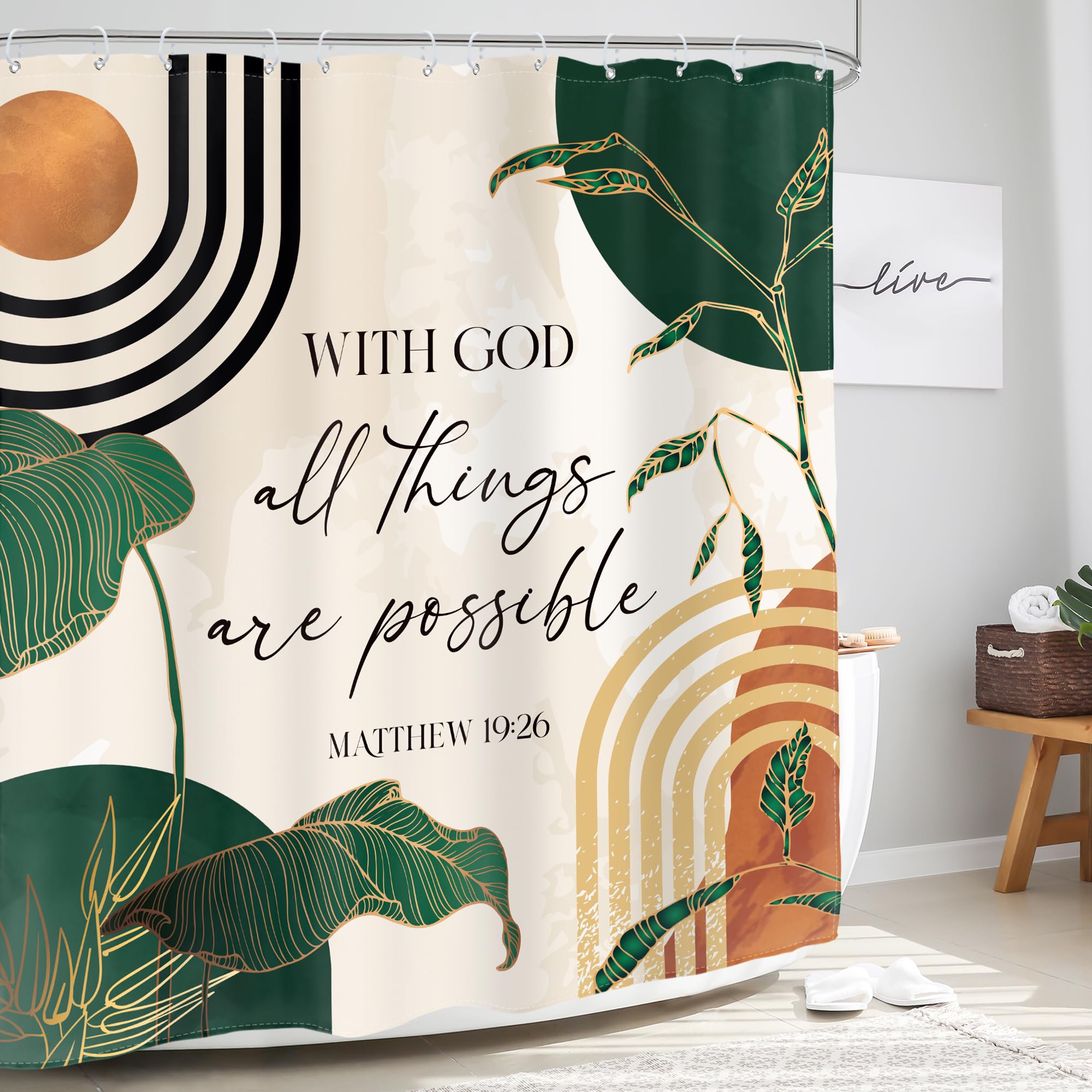 Glawry Green Boho Bible Verse Shower Curtain Christian Scripture Inspirational Quotes Abstract Tropical Palm Bathroom Mid Centur