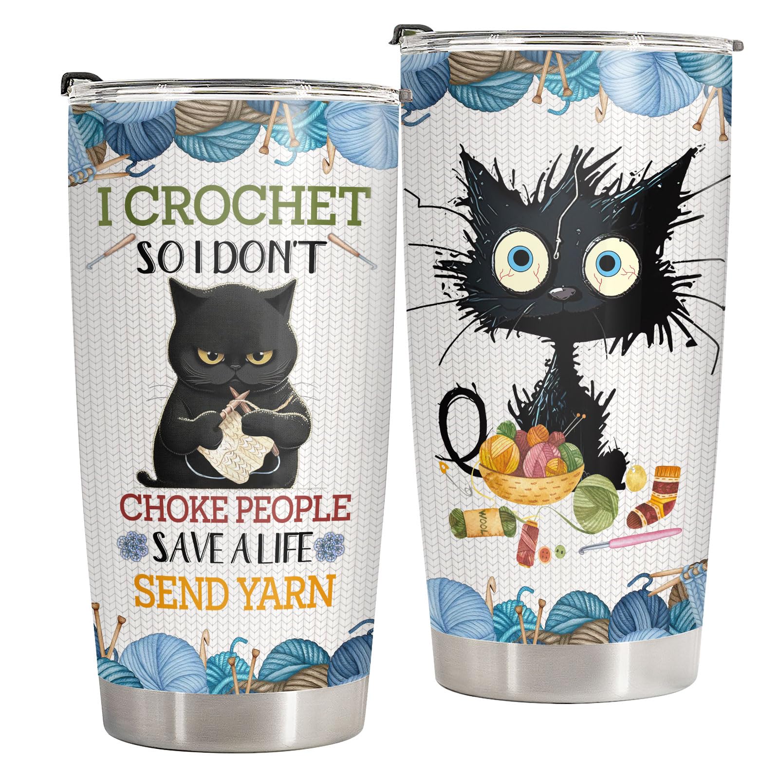 34HD Black Cat Tumbler with Lid, 20oz Vacuum Insulated Cat Coffee Cup, I Crochet So I Dont Choke People Mug, Crochet Lover Gifts