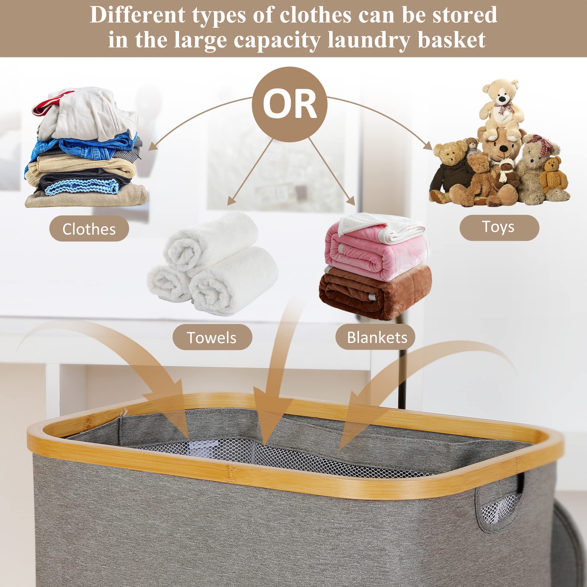 iEGrow Laundry Hamper with Lid  110L Large Laundry Hamper with Handle and Lid  Collapsible Clothes Basket Organizer with Removable Inner Bag for Clothes Toys Towels - Grey